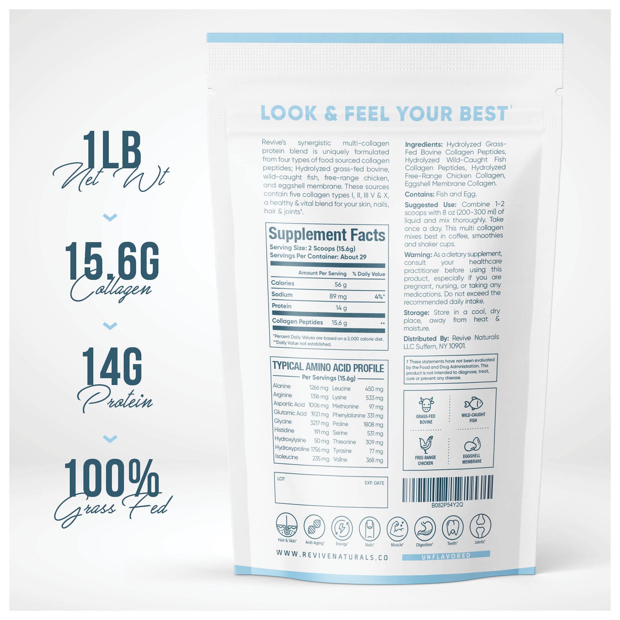 Multi Collagen Hydrolyzed Protein Powder (16oz) - Types I, II, III, V & X - Grass Fed Bovine (Peptan®), Wild Caught Marine, Free Roaming Chicken & Eggshell Collagen Peptides, Non-GMO, GF.