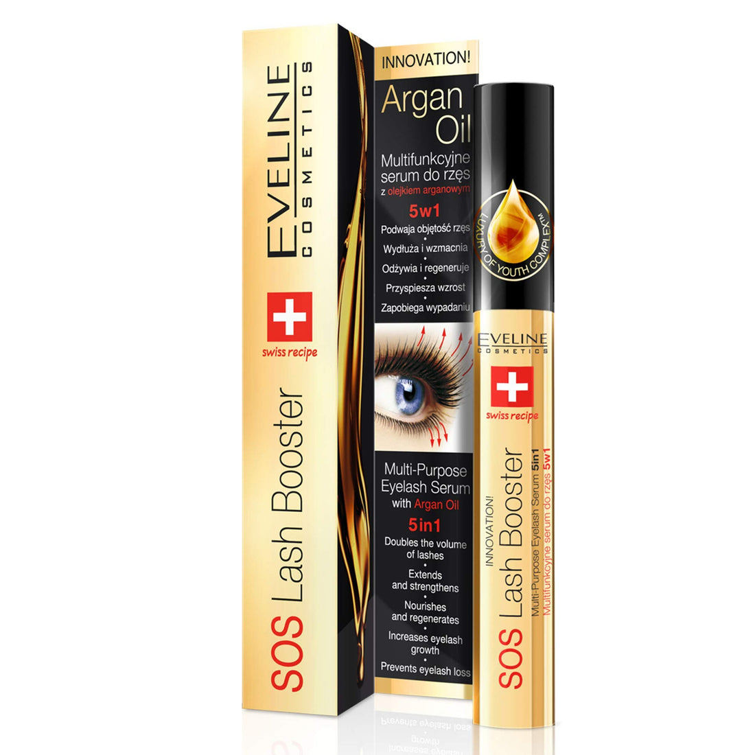 Eveline Cosmetics Eyelash Serum for Growth, 100% Cruelty-Free, Dermatologically Tested, Reduces Lash Loss and Breakage Sos Lash Booster, 5-In-1 with Argan Oil for Conditioning and Nourishment - 10ml