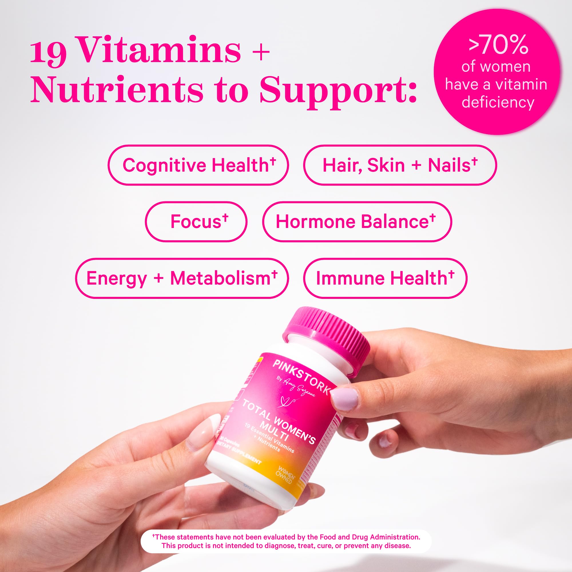 Pink Stork Women's Multivitamin - 19 Vitamins & Nutrients for Hair, Skin, & Nails, Bone Health, Energy, Immune Support - Iron, Zinc, B6, B12 & More - 30 Capsules (Packaging May Vary)