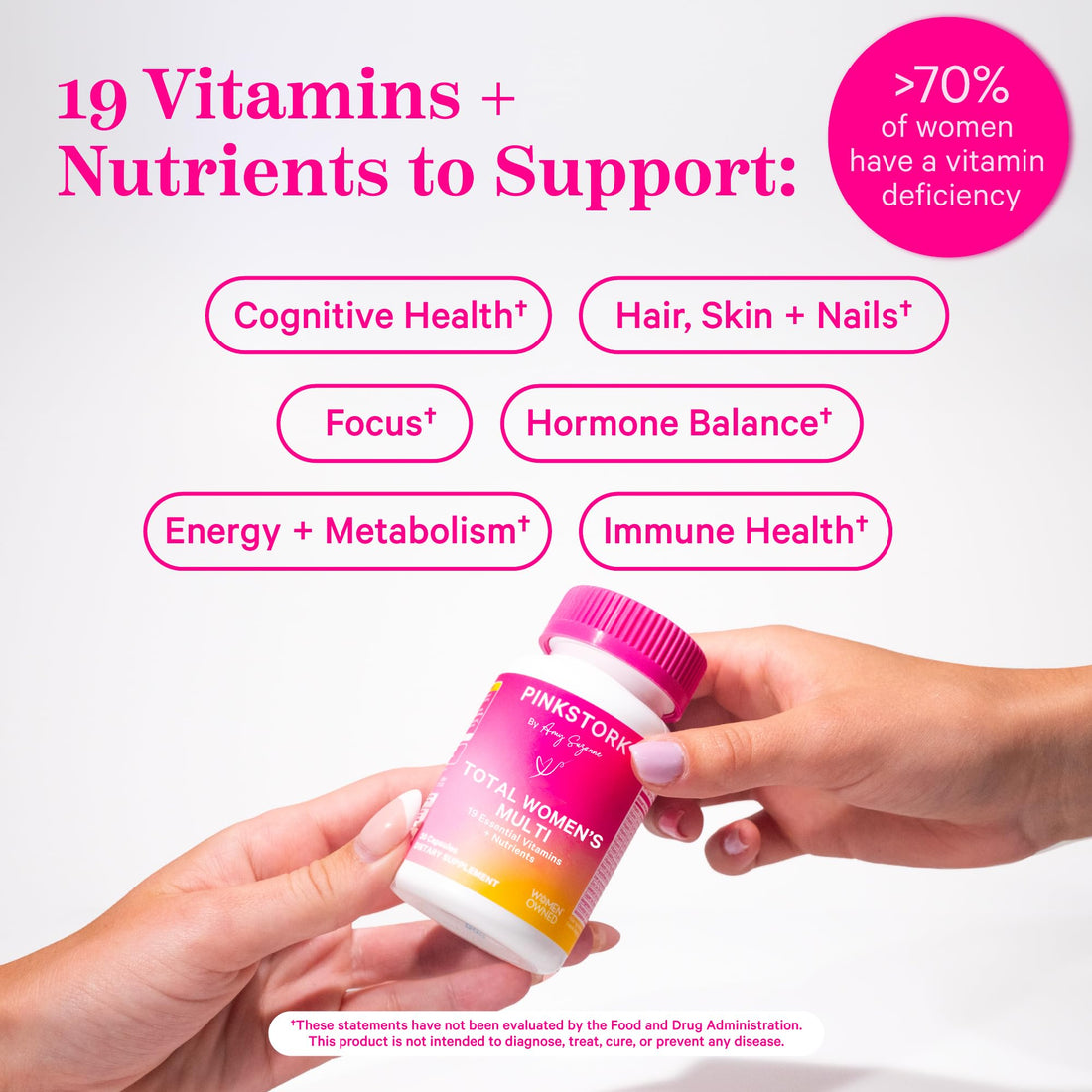 Pink Stork Women's Multivitamin - 19 Vitamins & Nutrients for Hair, Skin, & Nails, Bone Health, Energy, Immune Support - Iron, Zinc, B6, B12 & More - 30 Capsules (Packaging May Vary)