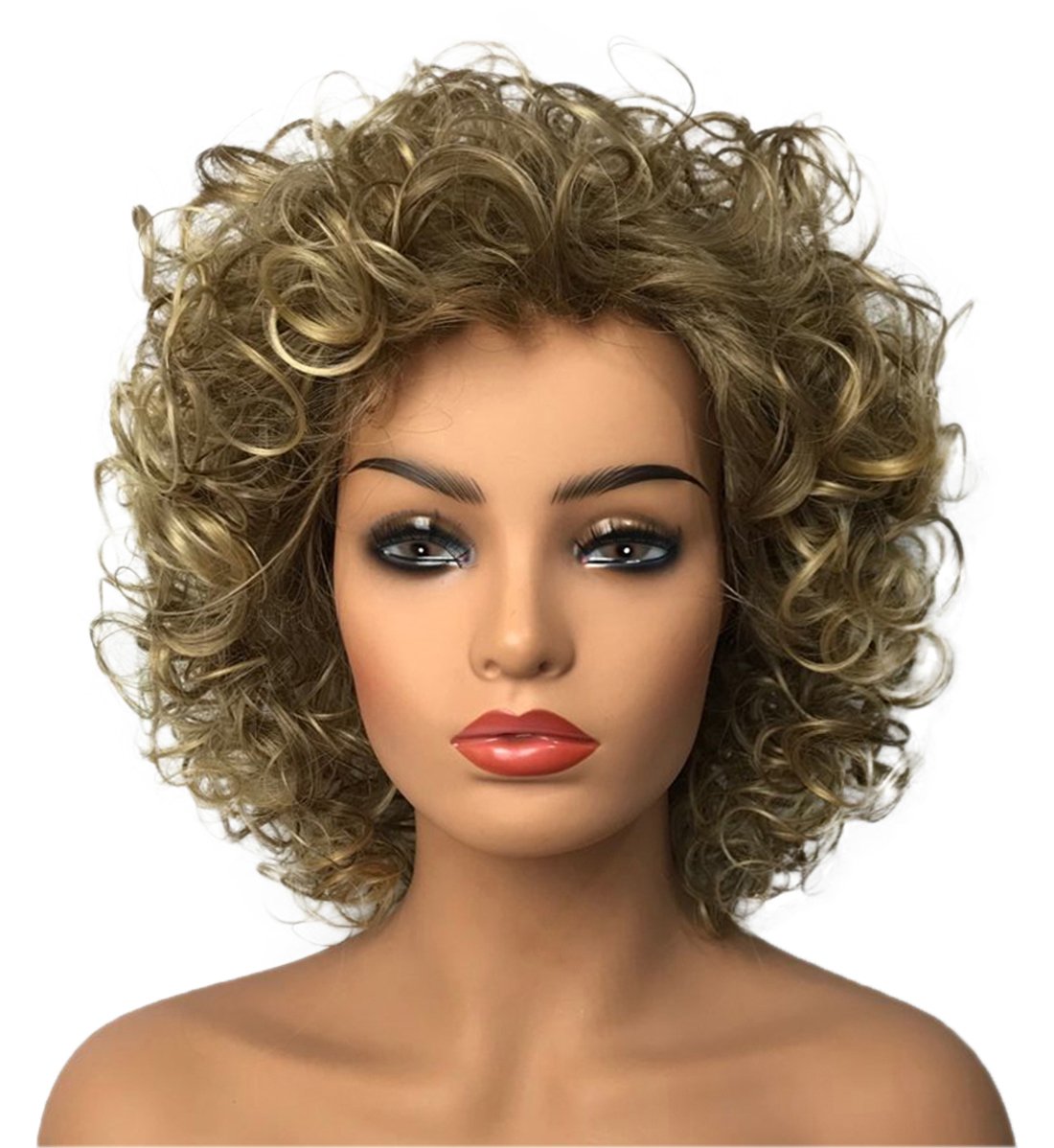 Dark Gold: Wiginway Women Short Curly Heat Resistant Synthetic Hair Wigs Big Curly Dark Blonde Fashion Wigs 8 Inch