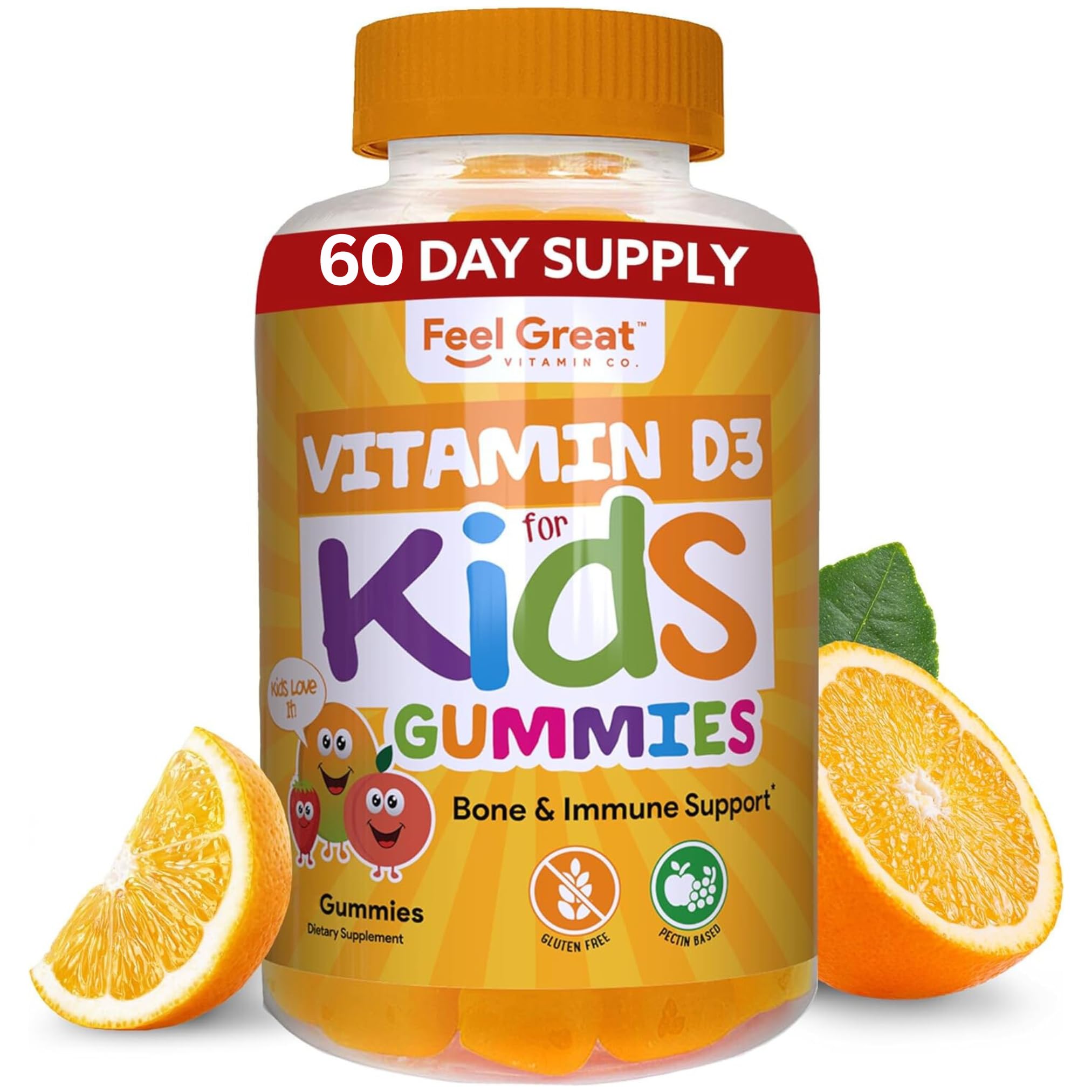 Vitamin D3 1000IU Gummy Vitamins for Kids (60 Day Supply) by Feel Great Vitamin Co | 60 Gummies | Delicious Plant Based Gummies | Supports Healthy Bones, Teeth, Mood, Immune System*