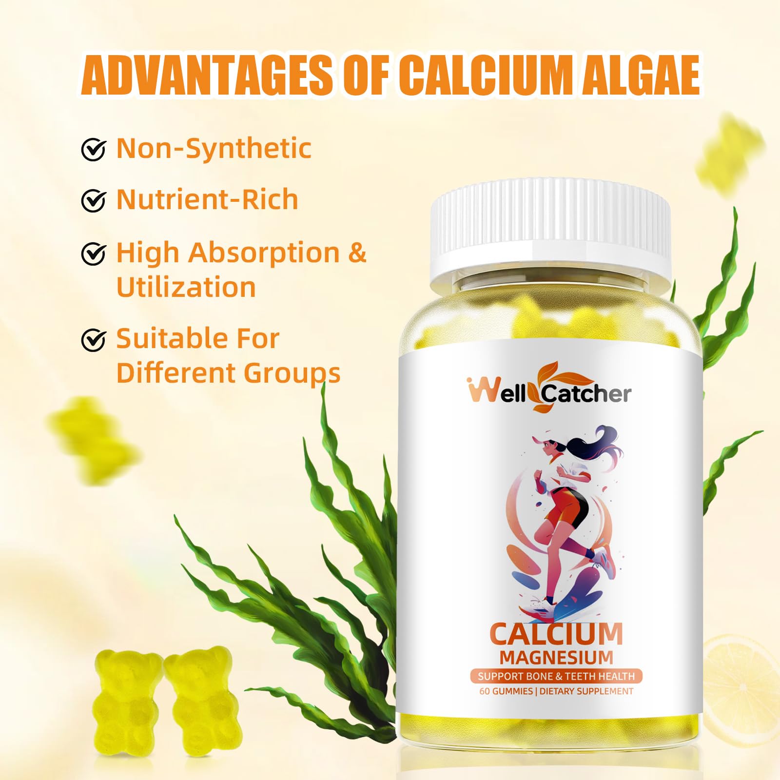 Wellcatcher Calcium Magnesium Gummies Adults Kids - Sugar Free Chewable Vegan Algae Calcium Supplements for Women Men Support Plus Bone Strength with Zinc Potassium Vitamin D3 K2 Lemon Flavor 60CT