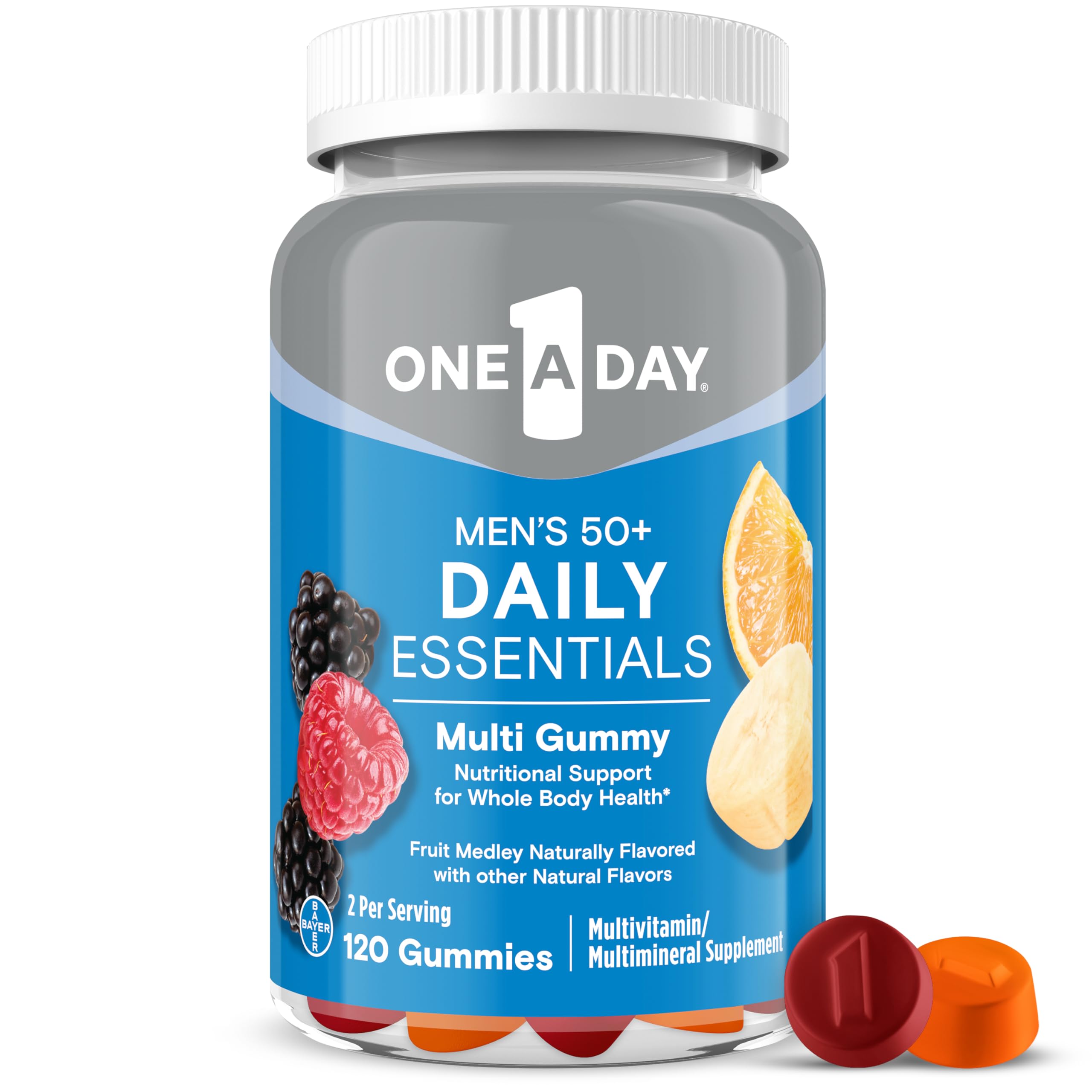 One A Day Men’s 50+ Daily Essentials Multivitamin Gummies, Multivitamin for Men Over 50, Gummy Vitamins with B Vitamins and Vitamin D, Men’s Multivitamin 50 Plus, Fruit Medley Flavor, 120 Gummies