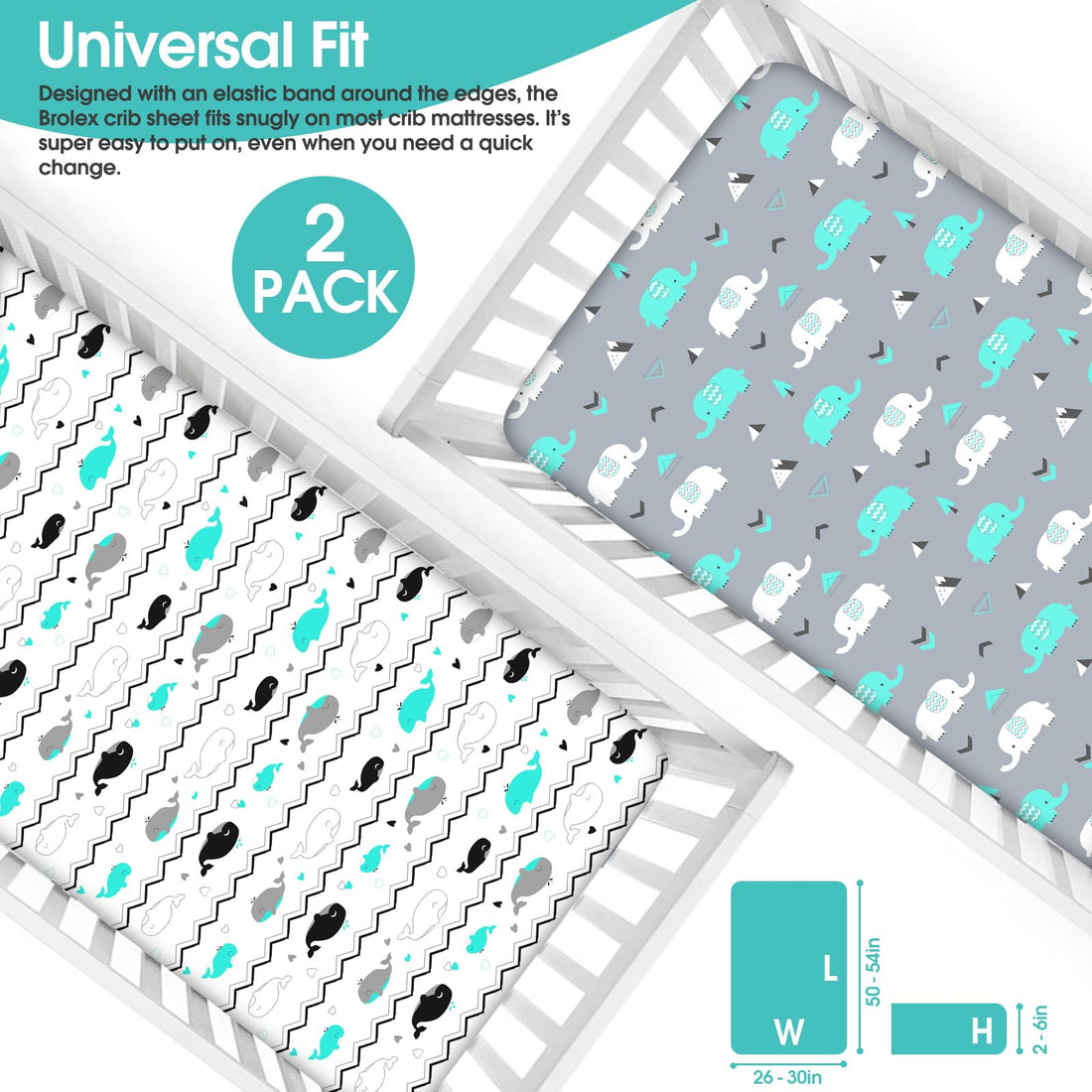 BROLEX Baby Fitted Crib Sheets: Kid Crib Sheets - Set of 2 for Toddler Standard Size Crib Mattress for Boys and Girls - Jersey Knit Crib Bed Sheets Elephant Whale