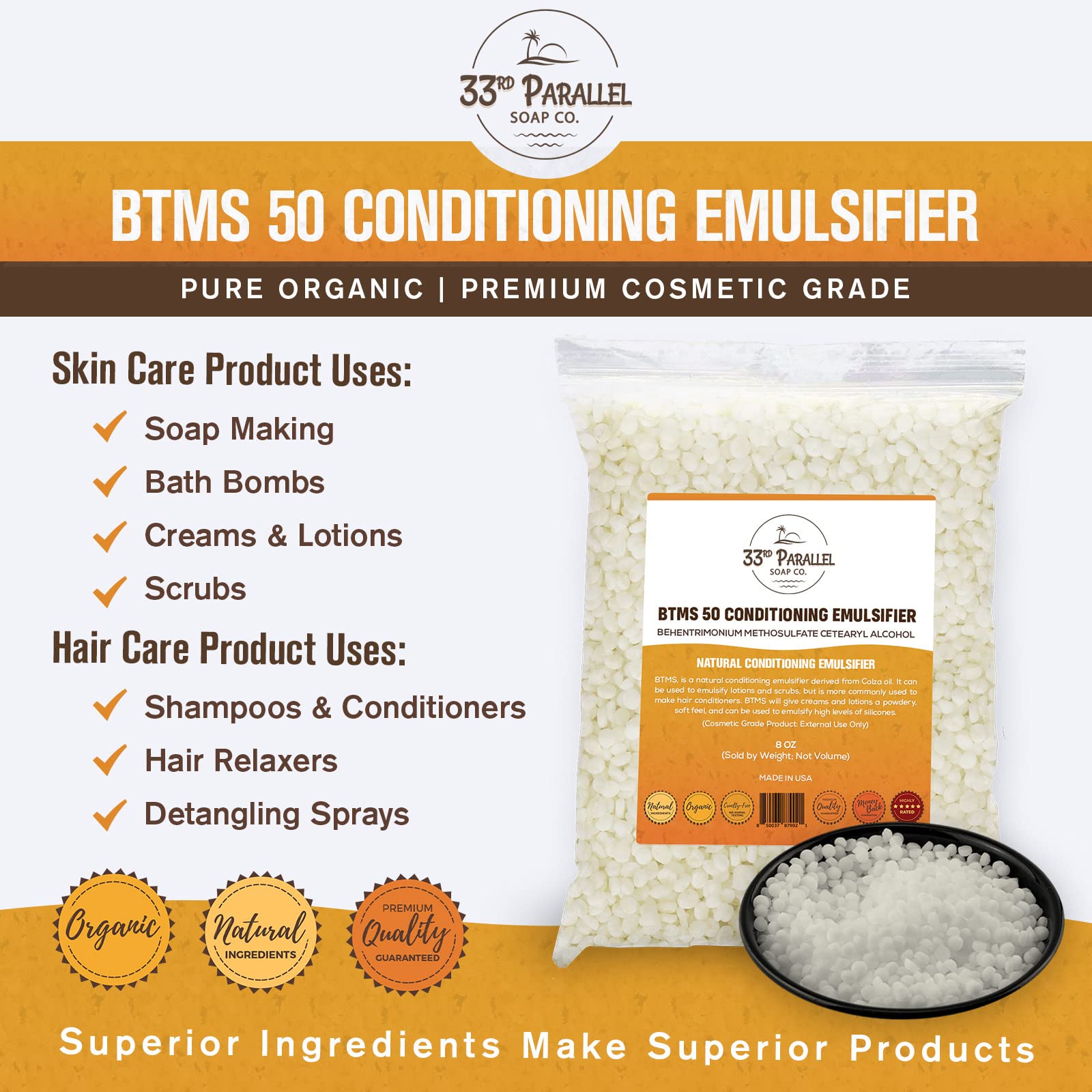 33rd PARALLEL | BTMS 50 (2 oz) Conditioning Emulsifier | 100% Natural Plant Derived | Behentrimonium Methosulfate Cetearyl Alcohol Emulsifying Conditioner | Product of USA (2 Ounces)