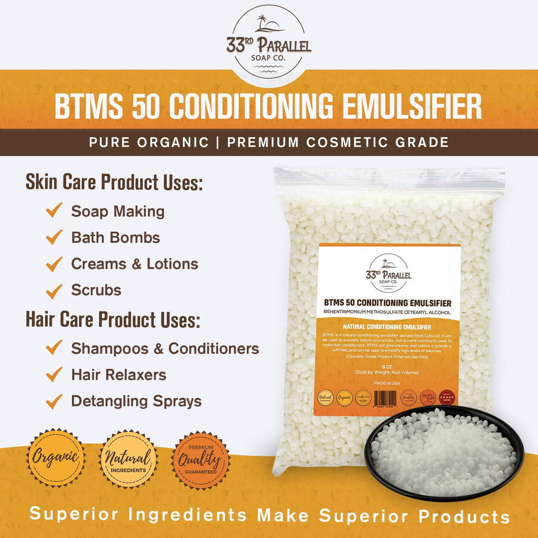 33rd PARALLEL | BTMS 50 (2 oz) Conditioning Emulsifier | 100% Natural Plant Derived | Behentrimonium Methosulfate Cetearyl Alcohol Emulsifying Conditioner | Product of USA (2 Ounces)