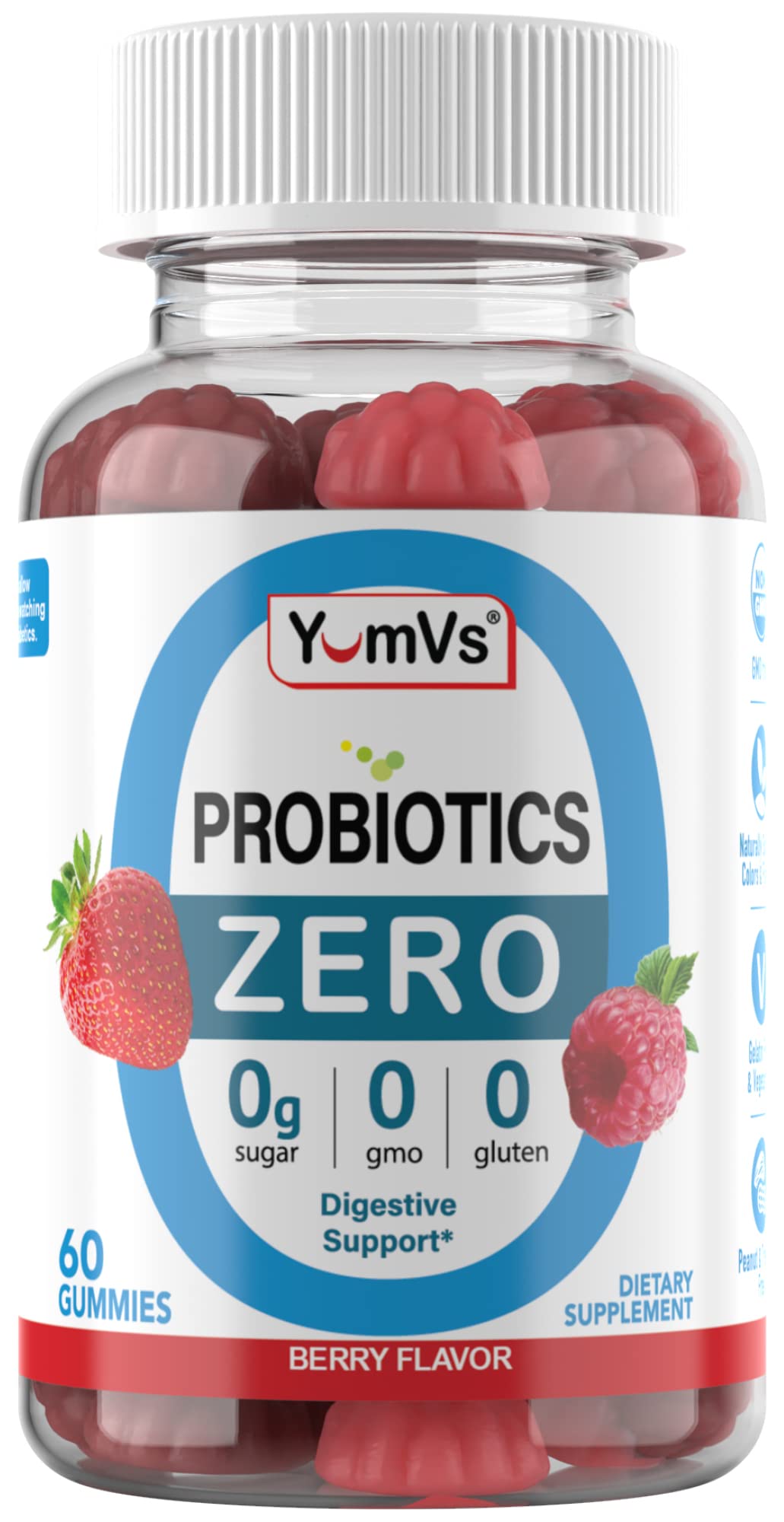 YUM-V'S - Zero Sugar Probiotic Gummies for Digestive Health - Sugar Free Probiotics for Women, Men & Kids - Gut Health Probiotic Gummies for Adults & Kids - Digestive Support Gummy Supplements - 60ct