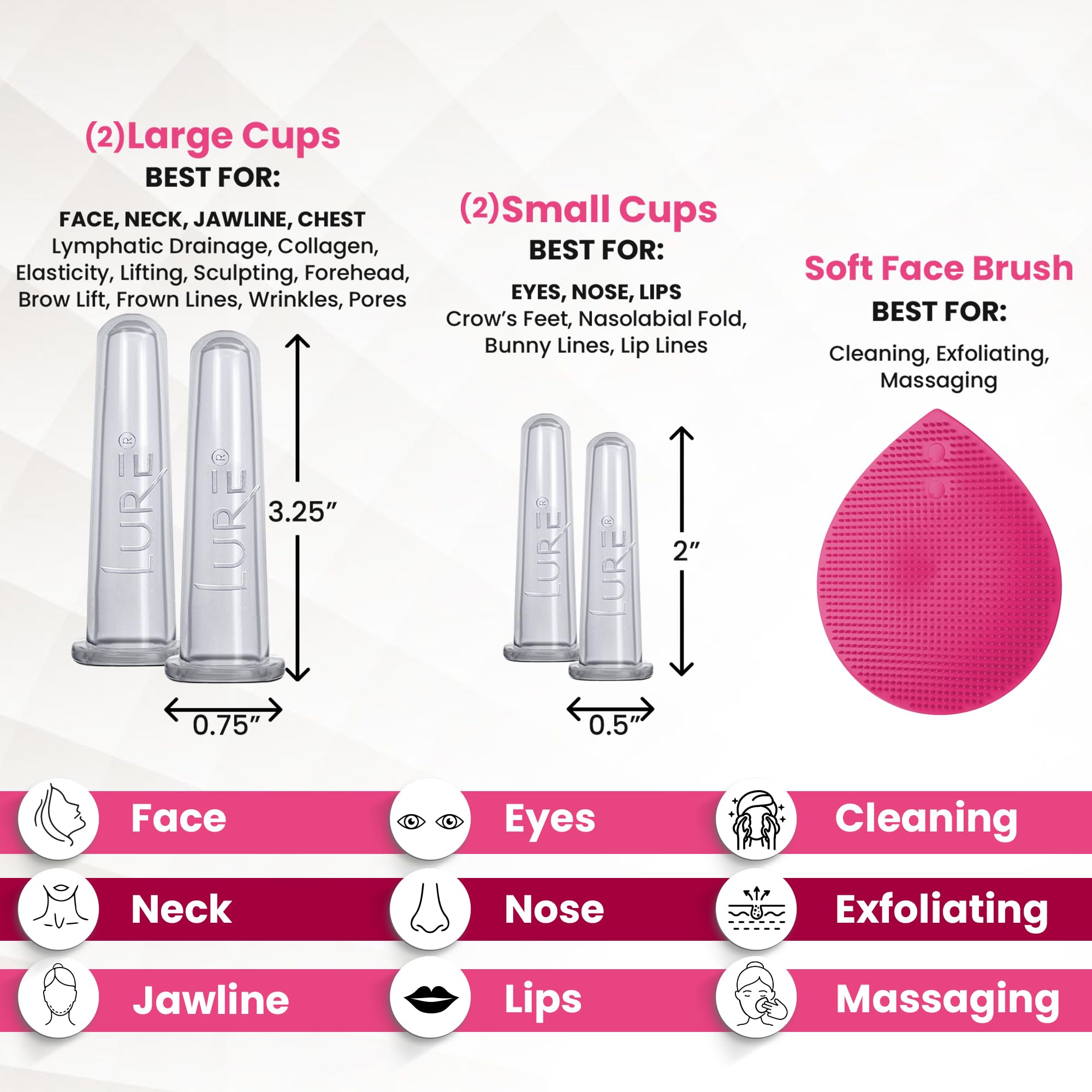 Best Face And Eye Cupping Massage Set Plus Free Brush For Face, Eye, Neck And Decollete New Original Anti Slip Design Professional Grade Anti Aging, Use With Oil Or Cream