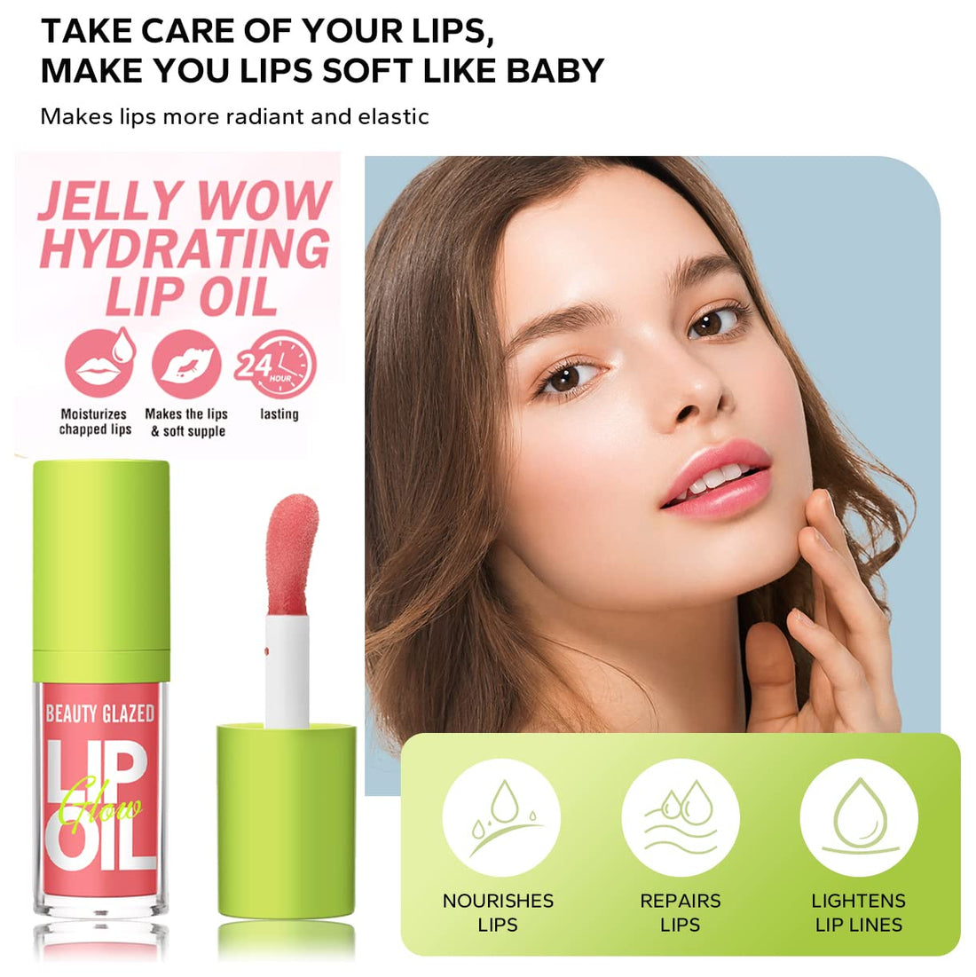 Beauty Glazed Big Brush Head Lip Oil, Ultra-Hydrating & Nourishing, Smooth Glossy Finish Lip Glow Oil, Shiny and Vegan Tinted Lip Gloss, Non-Sticky Formula (1, 102# KISSY)