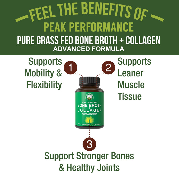Bone Broth Collagen Capsules. 180 Pills of Grass Fed Bone Broth Collagen Protein Peptides. Contains All 3 Types 1, 2, and 3. Pure Pasture Raised Paleo Friendly Tablets for Women and Men