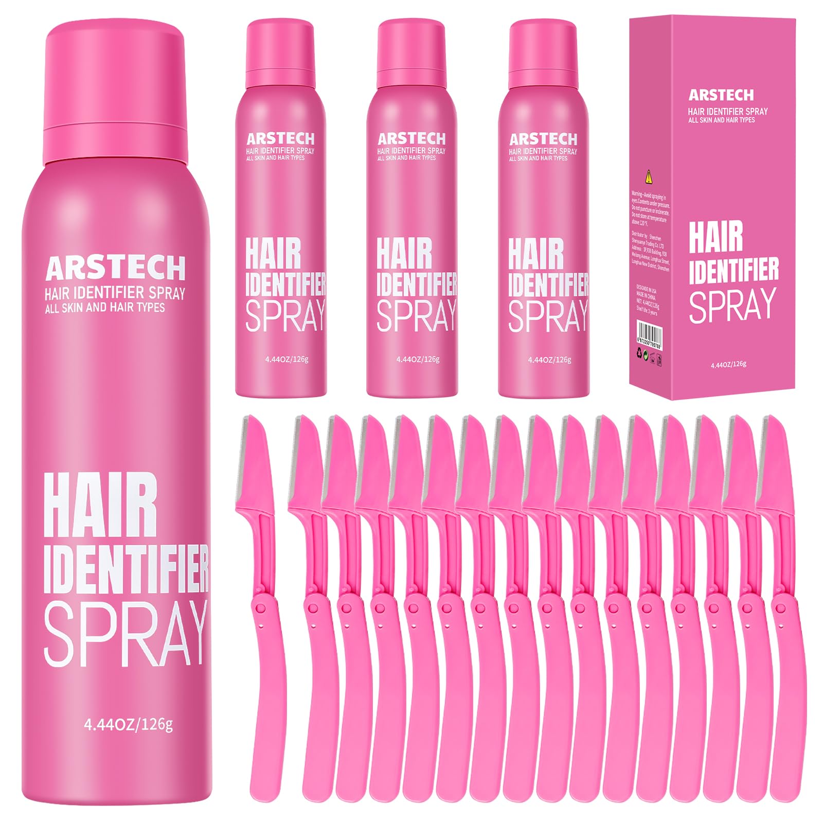 Hair Identifier Spray for Face Shaving Dermaplaning Tool 4 Pack Skin Body Dermaplaning Spray for Women with 16 Face Razor for Face Shaver Hair Removal Kit Excess Hair Dermaplane Razor for Women Face