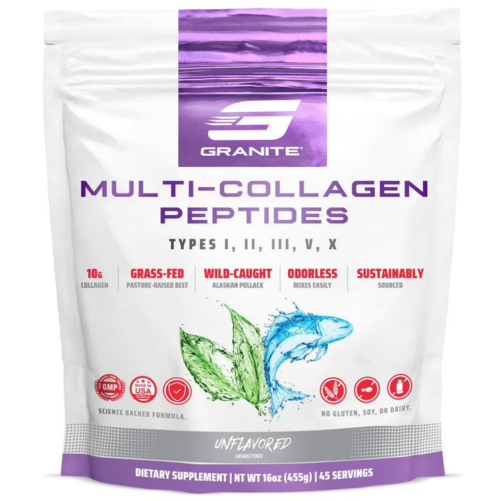 Granite Supplements Collagen Peptides Powder - Hair Skin and Nails Vitamins with Type I, II, III, V, X Hydrolyzed Collagen Peptides for Nail Growth, Bone, Mobility, & Joint Support (16oz)