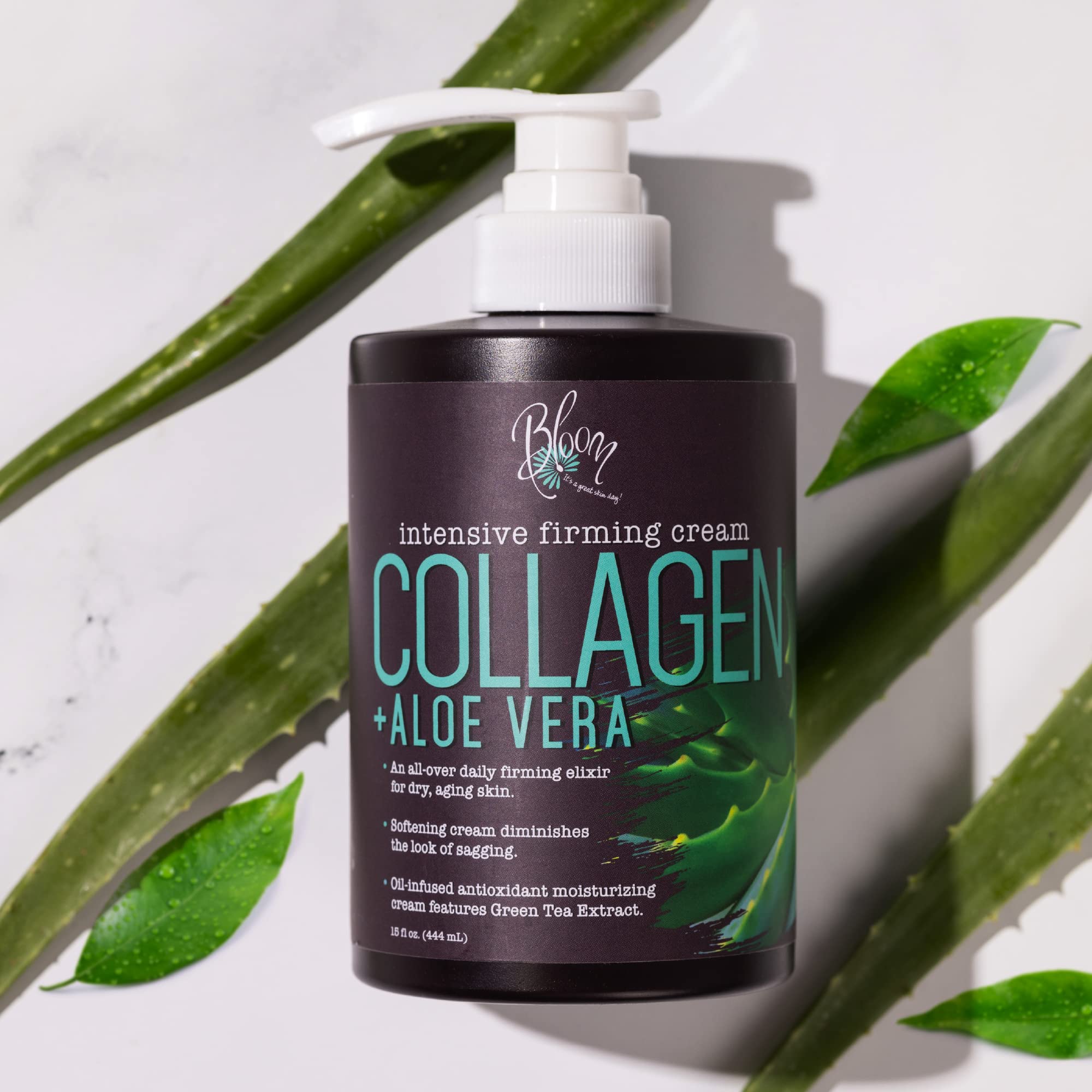 Bloom Collagen Firming Cream for Body and Face. Intensive moisturizer with Aloe Vera, and Green Tea extracts for sagging, aging, and dry skin. Large 15 Fl oz (444 mL) jar with pump. (15oz) : 15oz