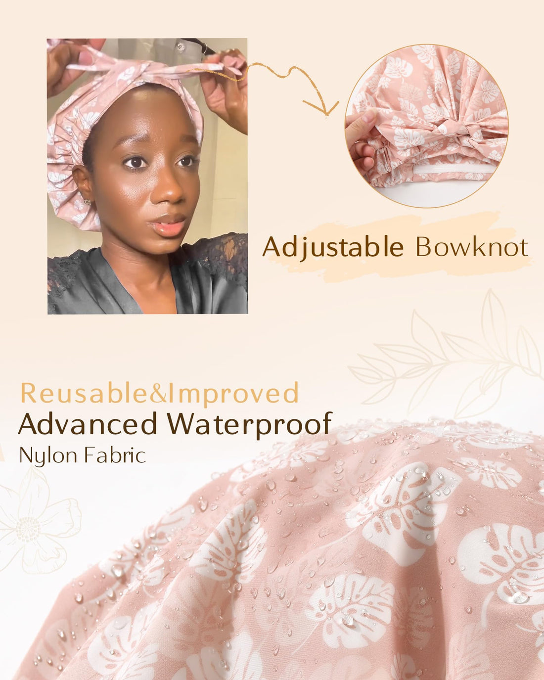 Yanibest Shower Cap for Women Reusable Waterproof, Adjustable Non-Slip Shower Hair Cap, Washable Bath Hat for Long Hair