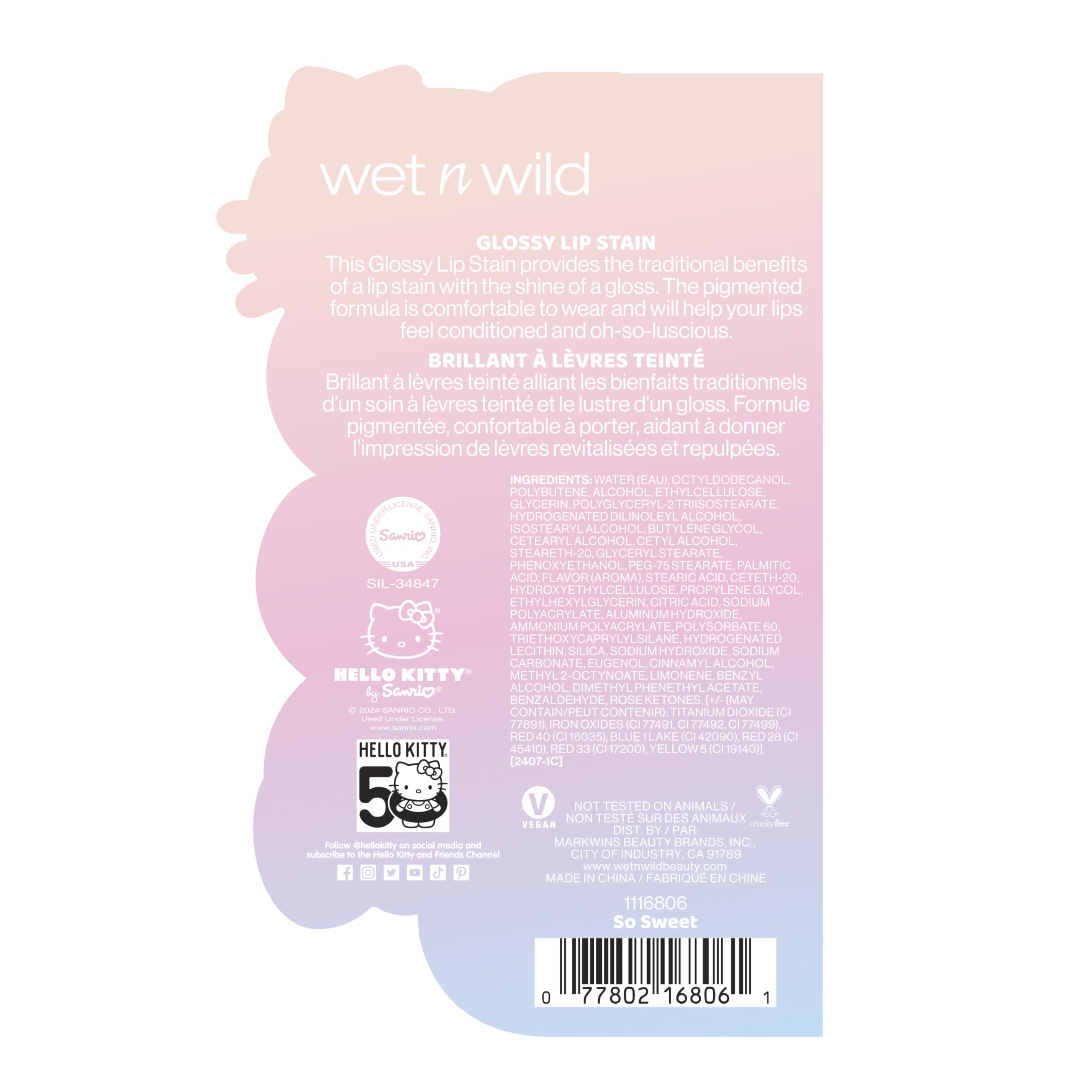 wet n wild Hello Kitty Glossy Lip Stain, Warm Apple Pie Lightly Scented, Nourishing New Glossy Finish Formula, Cruelty-Free & Vegan - So Sweet