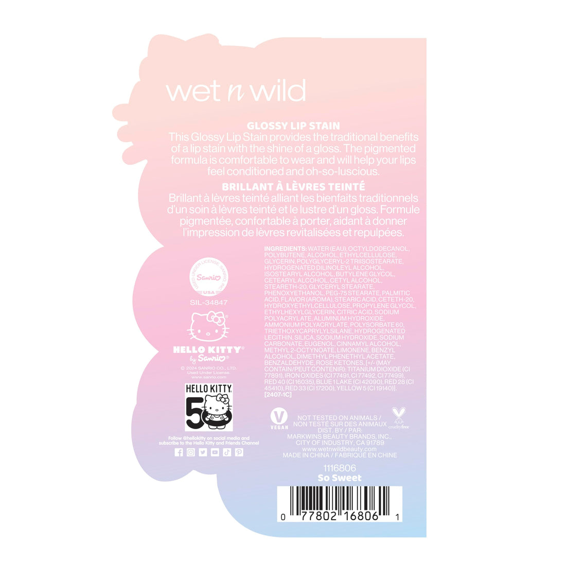 wet n wild Hello Kitty Glossy Lip Stain, Warm Apple Pie Lightly Scented, Nourishing New Glossy Finish Formula, Cruelty-Free & Vegan - So Sweet