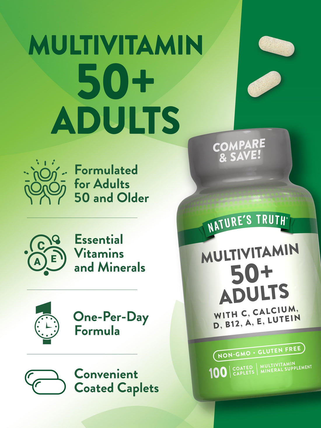 Nature's Truth Multivitamin for Adults 50+ | Non-GMO & Gluten Free Daily Supplement | Plus Vitamin D, C, and B Vitamins