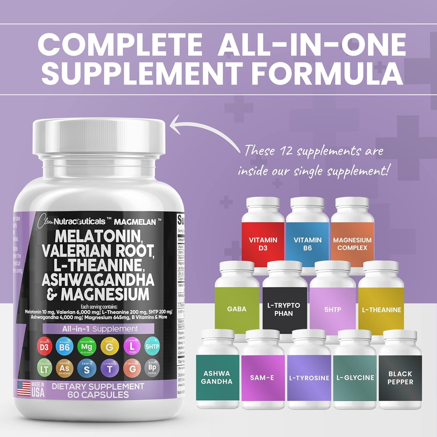 Clean Nutraceuticals Melatonin 10mg Valerian Root L Theanine 200mg Ashwagandha - Sleep Support for Women & Men with Magnesium Complex, Lemon Balm, Chamomile, & Passion Flower - 60 Caps