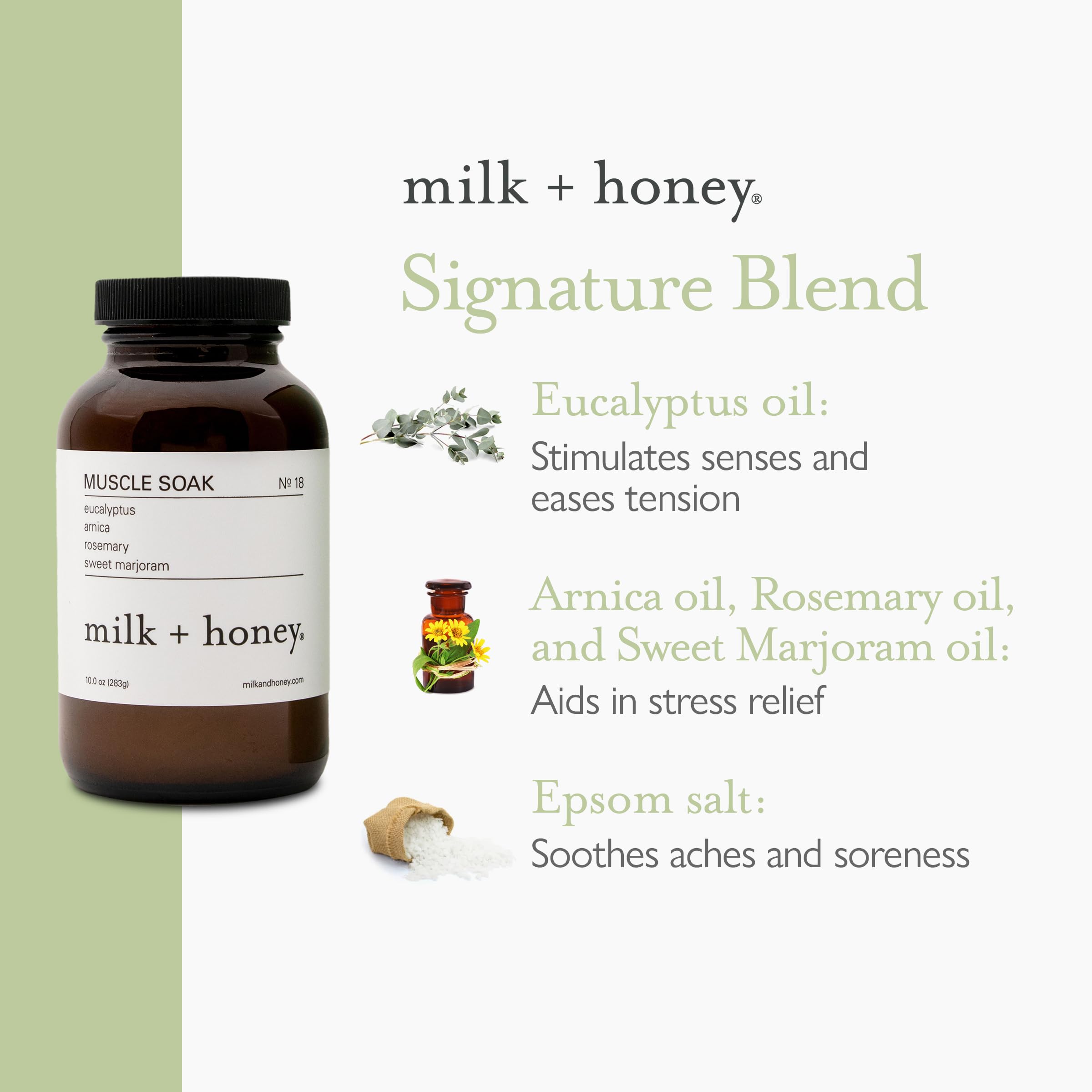 milk + honey Muscle and Bath Soak No. 18, Eucalyptus, Arnica, Rosemary & Sweet Marjoram, 10 oz.