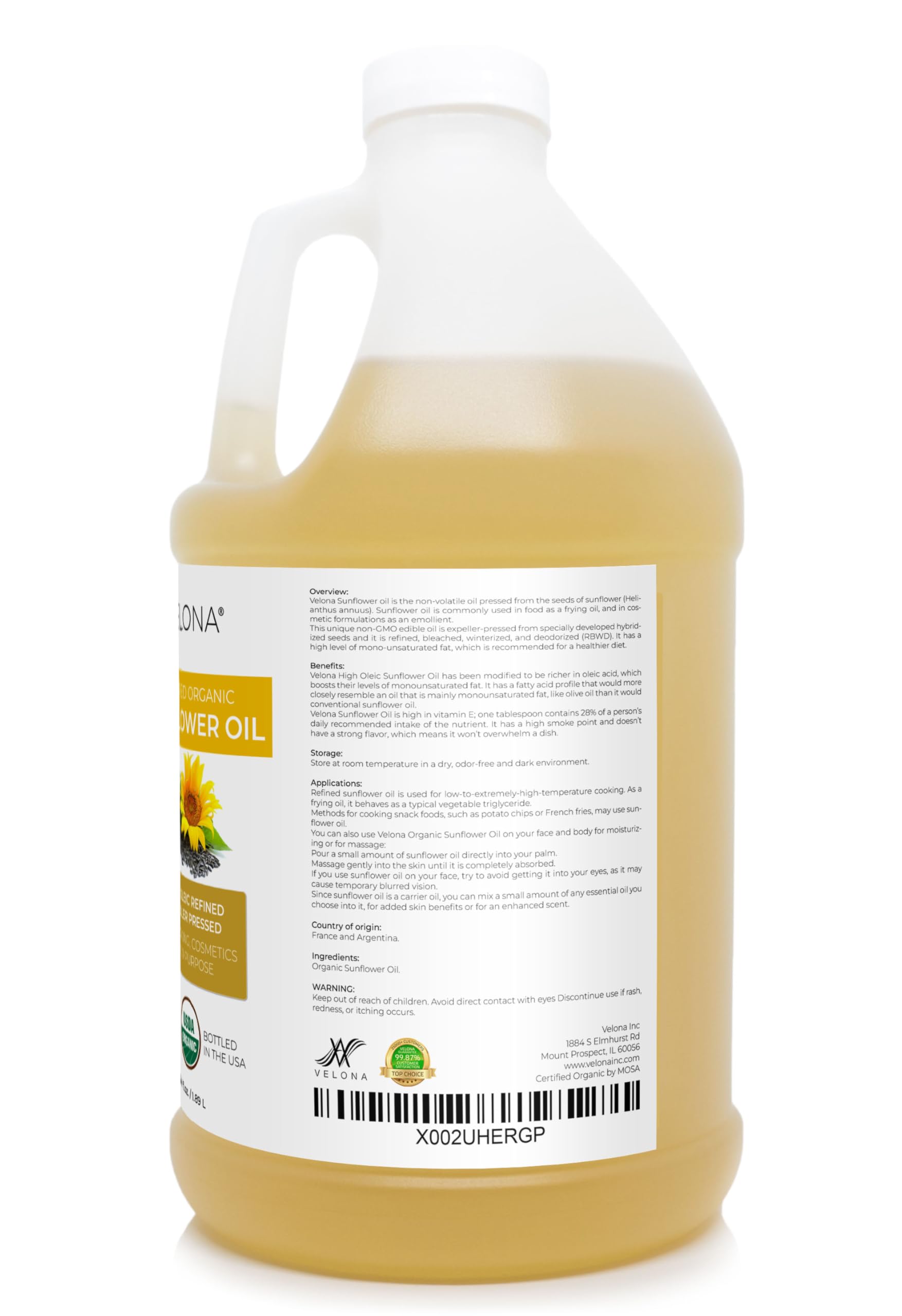 velona USDA Certified Organic Sunflower Oil - 64 Fl Oz | 100% Pure and Natural Carrier Oil | High Oleic, Refined, Expeller Pressed | Cooking, Skin, Hair, Body & Face Moisturizing