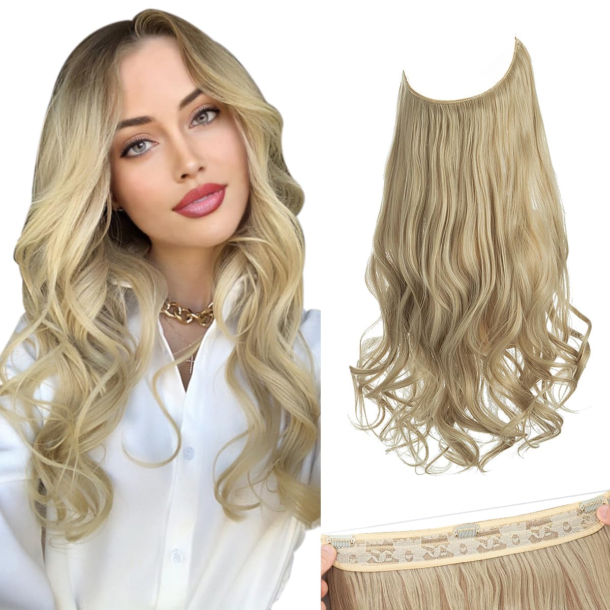 Ash Blonde Halo Hair Extension Secret Invisiable Flip Hidden Wire Crown Natural Curly Long Synthetic Hairpiece For Women Japan Heat Temperature Fiber SARLA 18 4.4oz M01&24/613