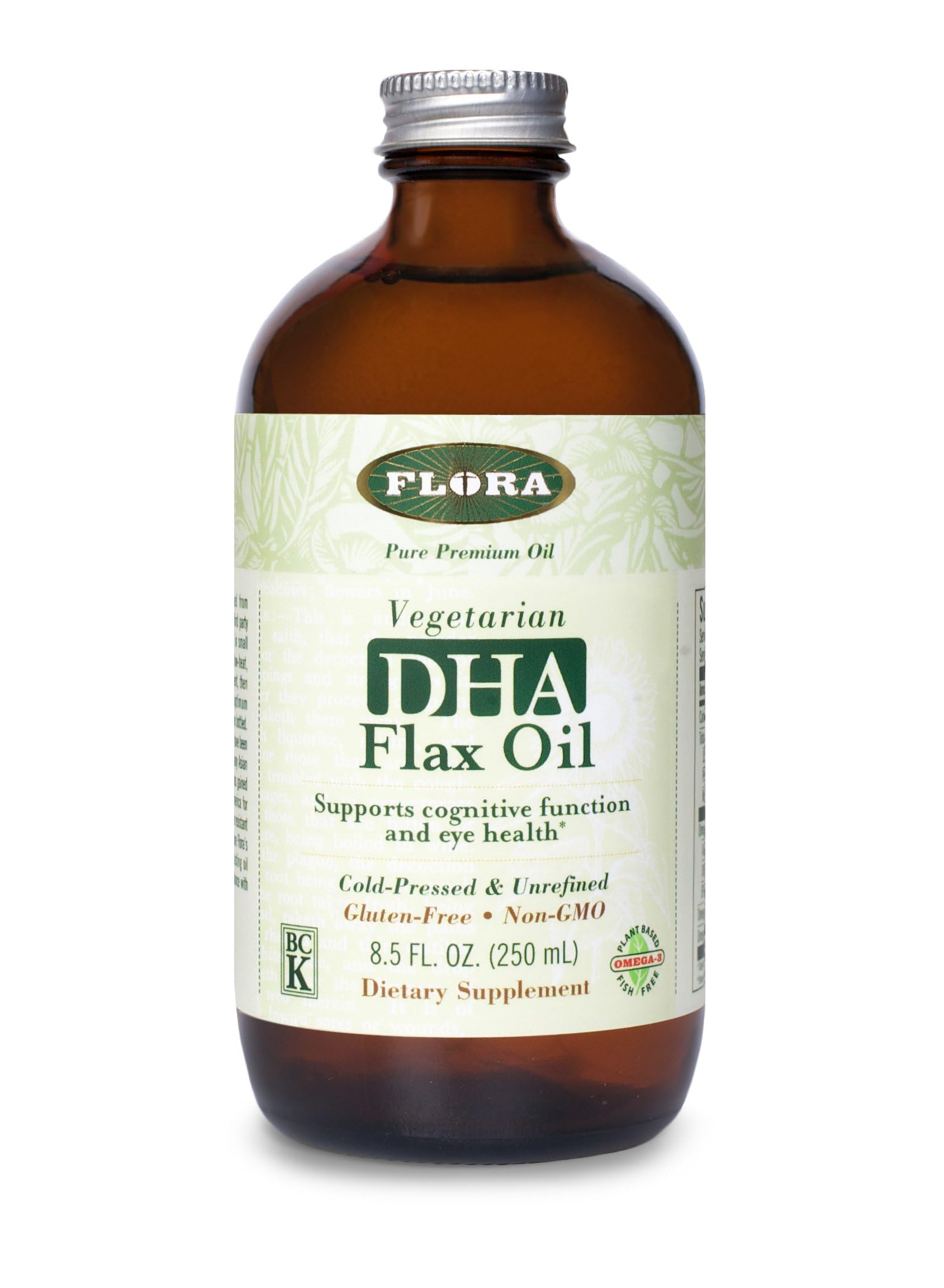 Flora Health Certified Organic DHA Flax Seed Oil, Cold Pressed, Unrefined & Gluten Free with Essential Fatty Acids, Unmodified Flaxseed Oil, 8.5-fl. oz. Glass Bottle