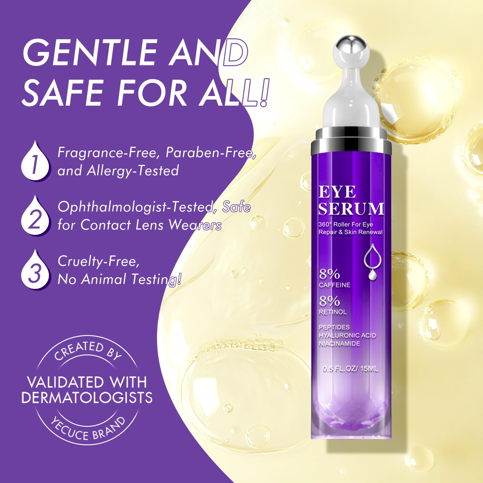 8% Caffeine Eye Cream & Under Eye Serum for Dark Circles and Puffiness Eye Care Eye Roller Serum with 360° Massage Ball Eye Treatment Serum Under Eye Roller Cream for Women Reduce Wrinkles Fine Lines