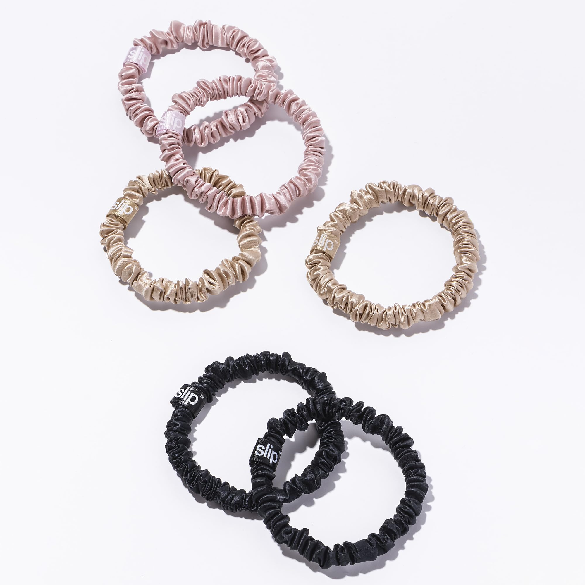 Slip Silk Skinnies Scrunchie Set - Black, Pink, Caramel - Slipsilk Pure Mulberry 22 Momme Silk Hair Tie, Designed to be Gentle & Avoid Hair Crease (6 Scrunchies)
