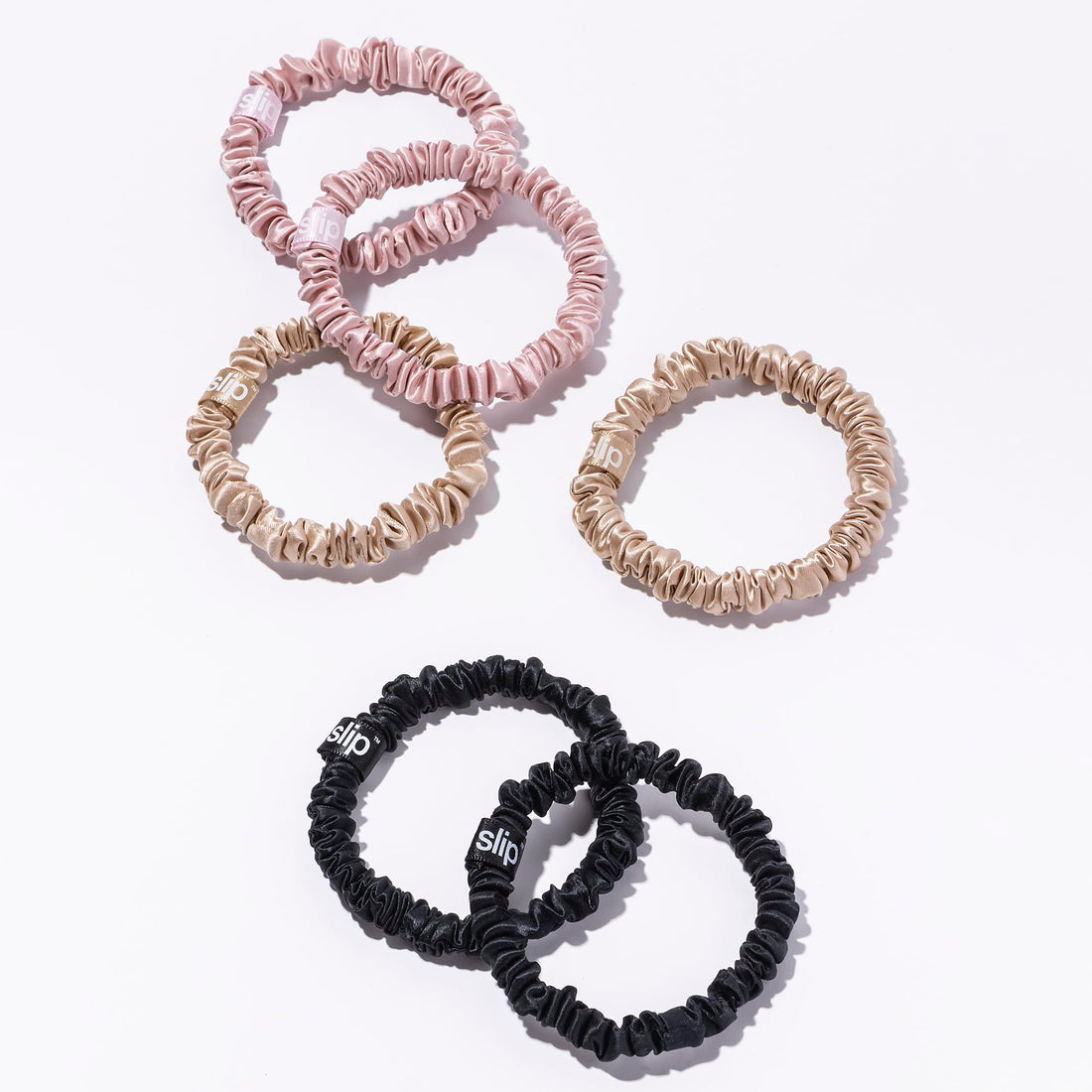 Slip Silk Skinnies Scrunchie Set - Black, Pink, Caramel - Slipsilk Pure Mulberry 22 Momme Silk Hair Tie, Designed to be Gentle & Avoid Hair Crease (6 Scrunchies)