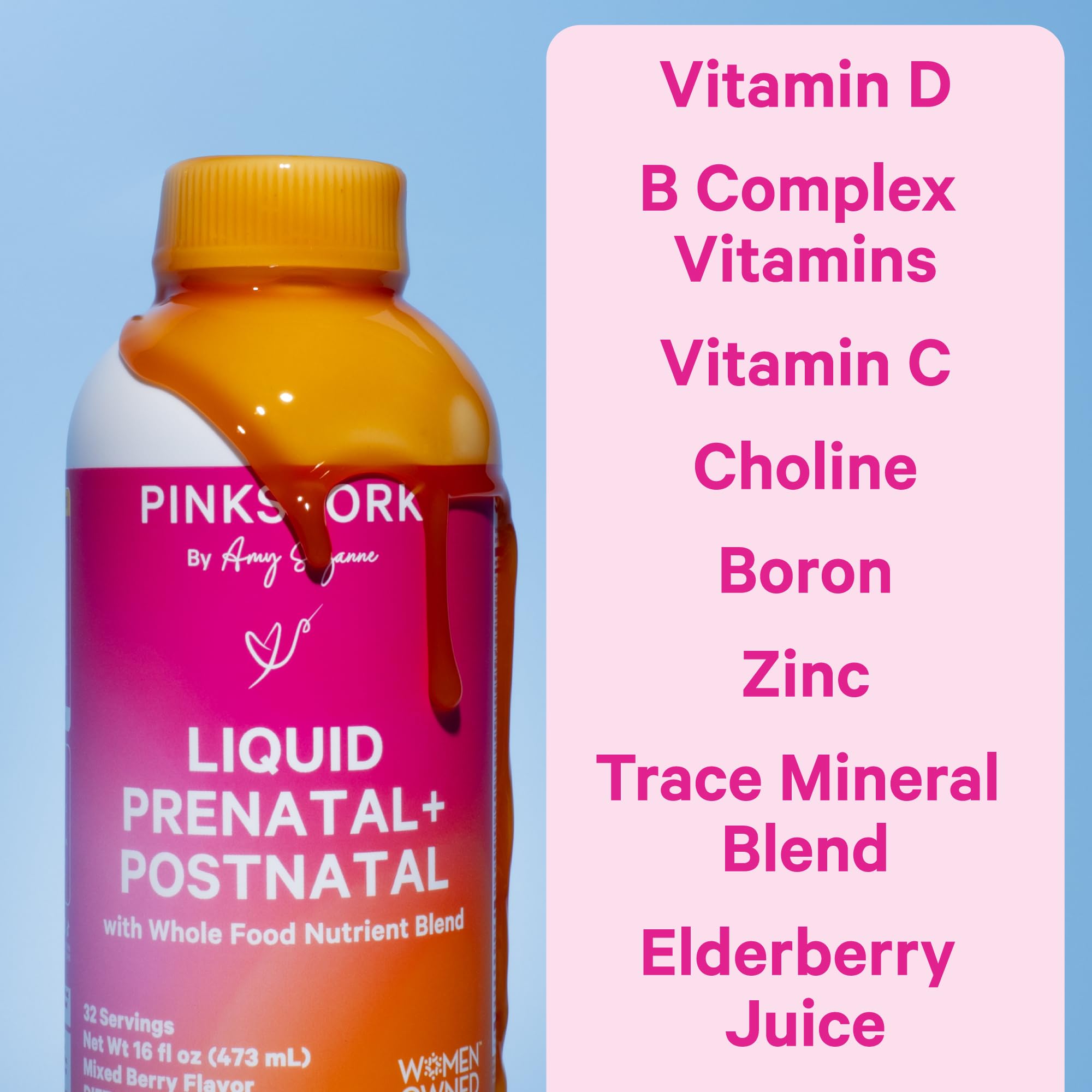 Pink Stork Liquid Prenatal Vitamins for Women - Berry Flavor - Organic Food Blend - for Fertility, Pregnancy, Postpartum- Morning Sickness Support - Breastfeeding and Lactation - 32 Servings