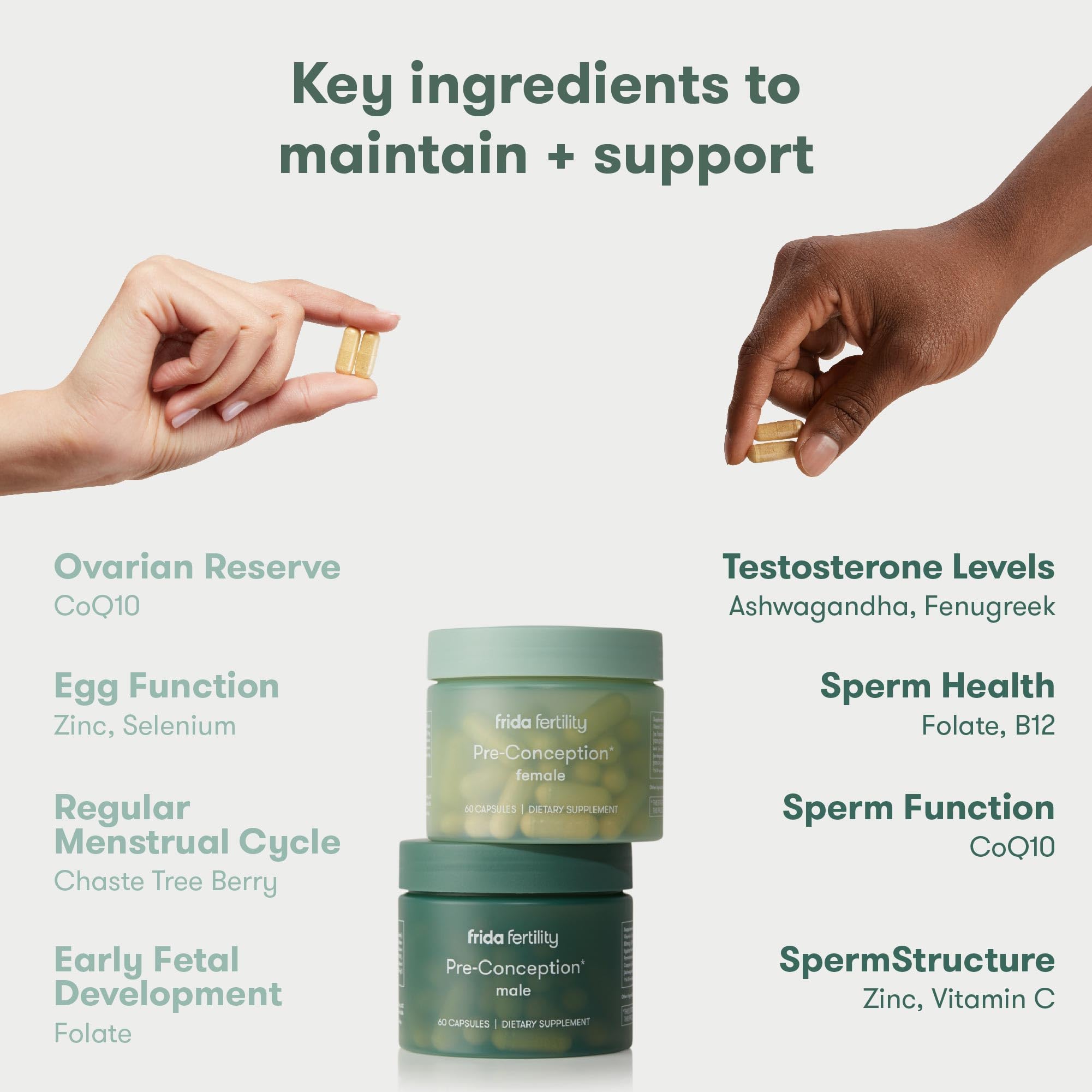 Frida Fertility Pre-Conception Supplement Set | Female & Male Daily Vitamins & Minerals, Folic Acid, Inositol, CoQ10, Maintain & Support Egg Function & Sperm Health | 60 Capsules Each, 30 Day Supply