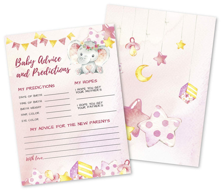 50 Deluxe Pink Elephant Advice and Predictions Cards- Large Double Sided 5 x 7 Inch for Baby Girl Shower Game, New Parent Message Book, Mom & Dad to Be, Decorations