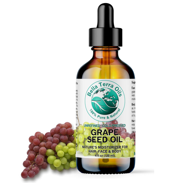 Bella Terra Oils - Organic Grape Seed Oil 4 oz - Embrace the Richness of Polyphenols & Flavonoids, Infused with Oleic Acid, For a Silky-Smooth Skin Finish