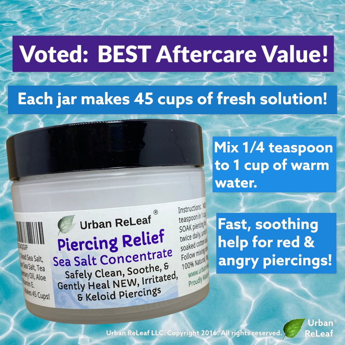 Urban ReLeaf Piercing Relief Sea Salt Concentrate AFTERCARE ! Safely Clean, Soothe & Gently Heal New Irritated & Keloid Bump Piercings. Effective Non-iodized Dead Sea Salt, Tea Tree Rosemary