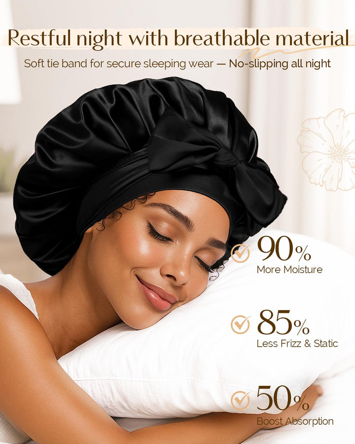 YANIBEST Satin Silk Bonnet for Sleeping Women, Double Layer Hair Bonnet with Elastic Tie Band for Curly Natural Hair, Black