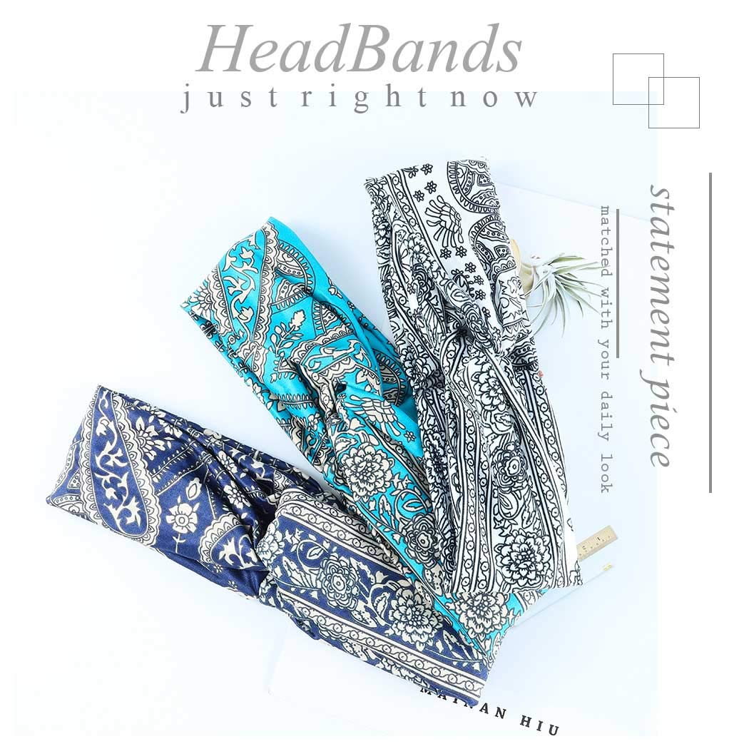 YBSHIN Boho Athletic Travel Headbands Cross Workout Head Wrap Knotted Turban Hair Scarf Yoga Elastic Printed Hair Band for Women and Girls(Pack of 3)