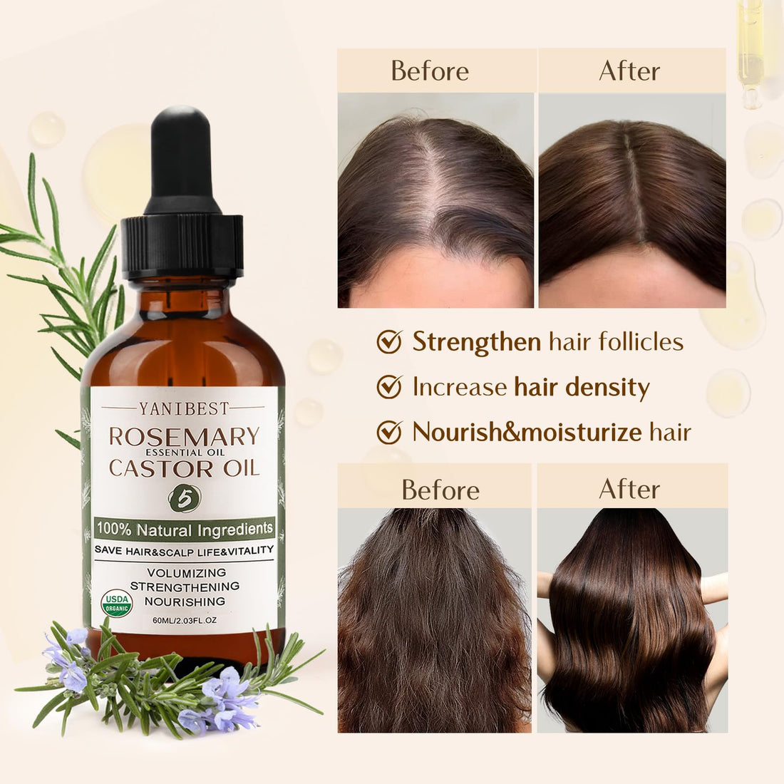 YANIBEST Organic Rosemary Essential Oil, Castor Oil, 100% Pure Natural Hair Oil for Strengthening Hair, Nourish and Repair Damaged Hair, Improve Scalp Health