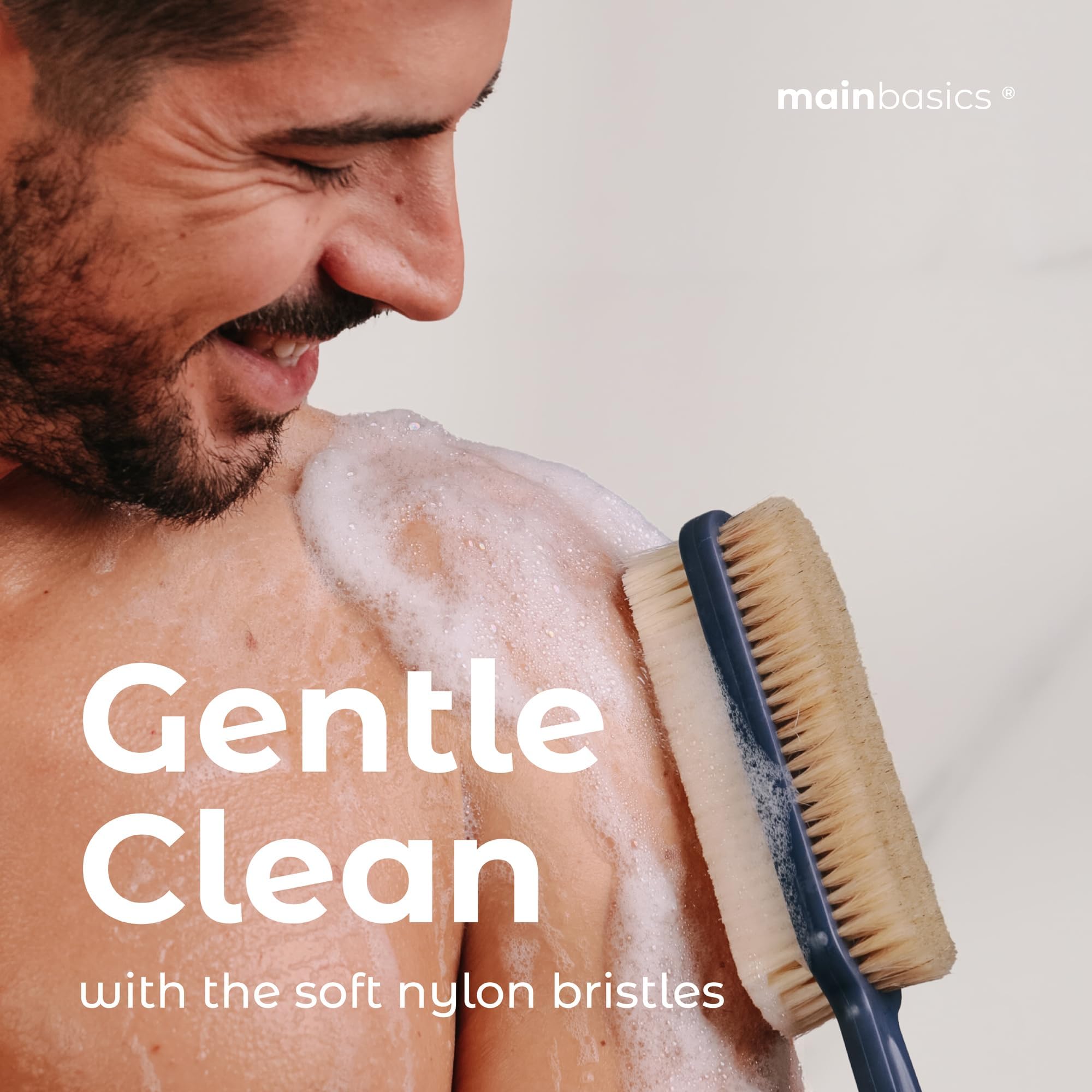 MainBasics Shower Brush Back Scrubber Dual-Sided Body Brush Long Handle with Soft and Stiff Bristles for Dry & Wet Brushing (Navy Blue)