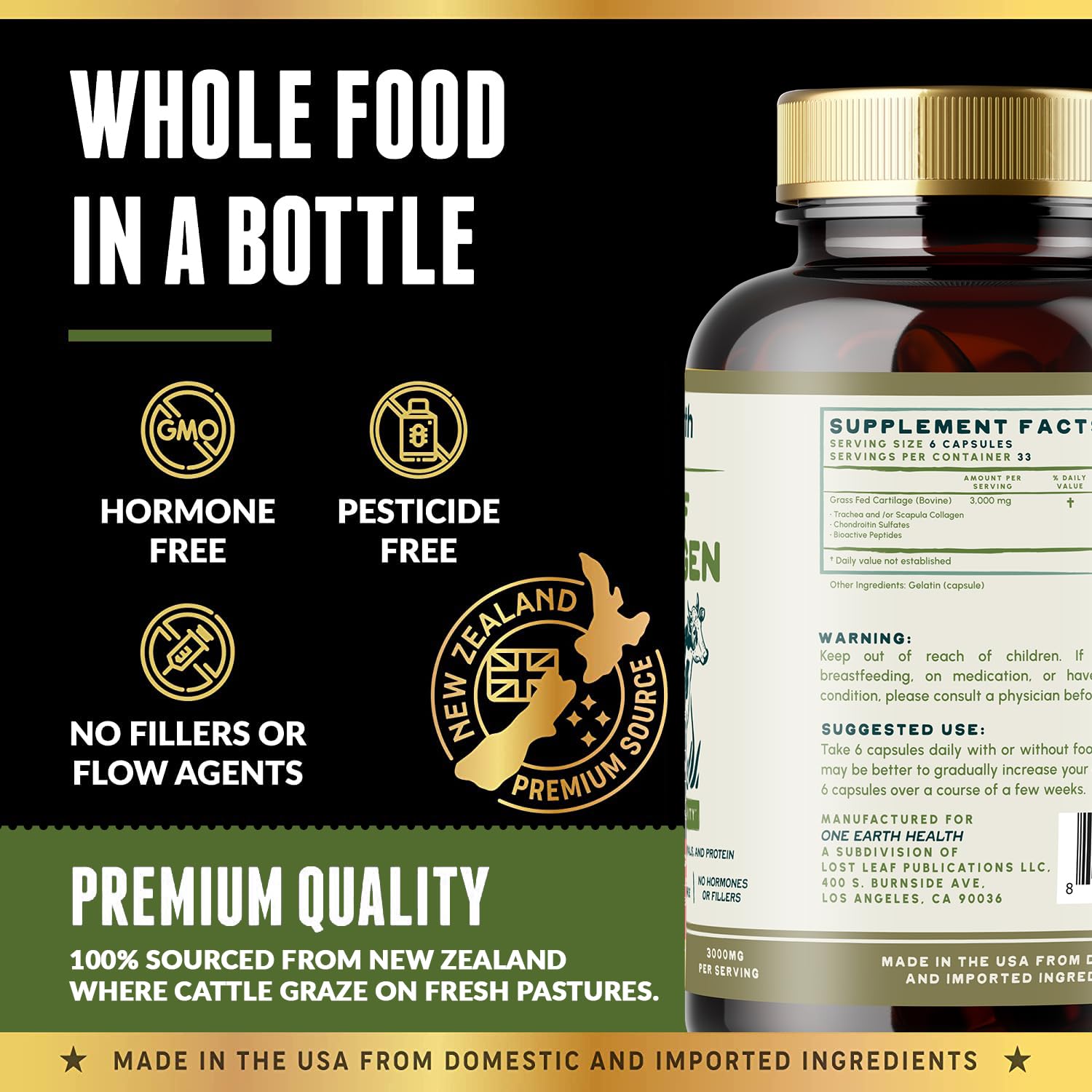 One Earth Health Grass Fed Beef Collagen - New Zealand Sourced Natural Collagen Supplement. (Types I, II, III, V and X) 3,000mg per Serving, 200 Count