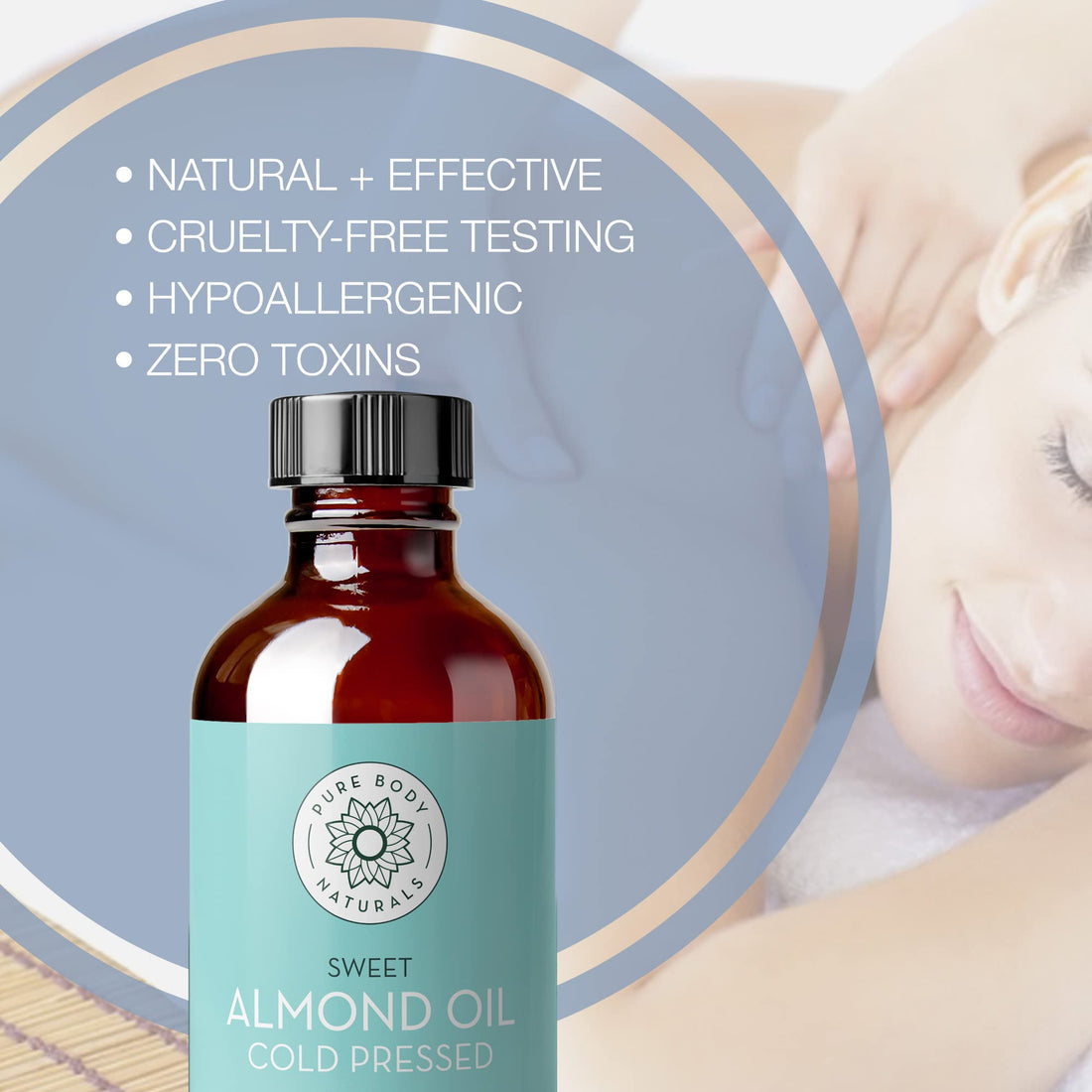 Pure Body Naturals Sweet Almond Oil, 4 fl oz - Cold Pressed and 100% Pure - for Hair, Skin, Nails, Therapeutic Massage, Carrier Oil