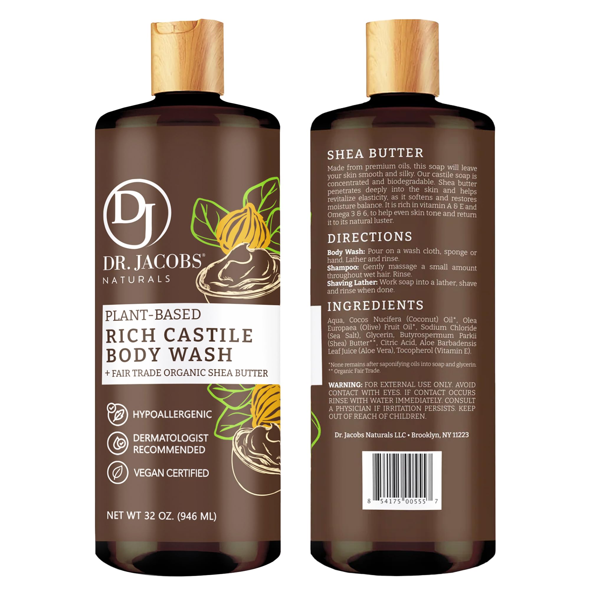 Dr. Jacobs Naturals Castile Shea Butter All-Natural Body Wash for Moisturizing Dry and Sensitive Skin with Plant-Based Ingredients with Pump - 32 Ounce