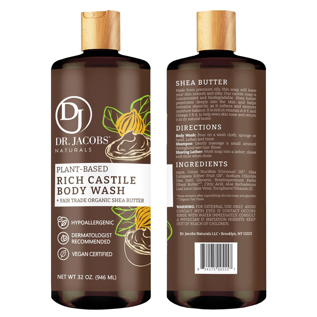 Dr. Jacobs Naturals Castile Shea Butter All-Natural Body Wash for Moisturizing Dry and Sensitive Skin with Plant-Based Ingredients with Pump - 32 Ounce