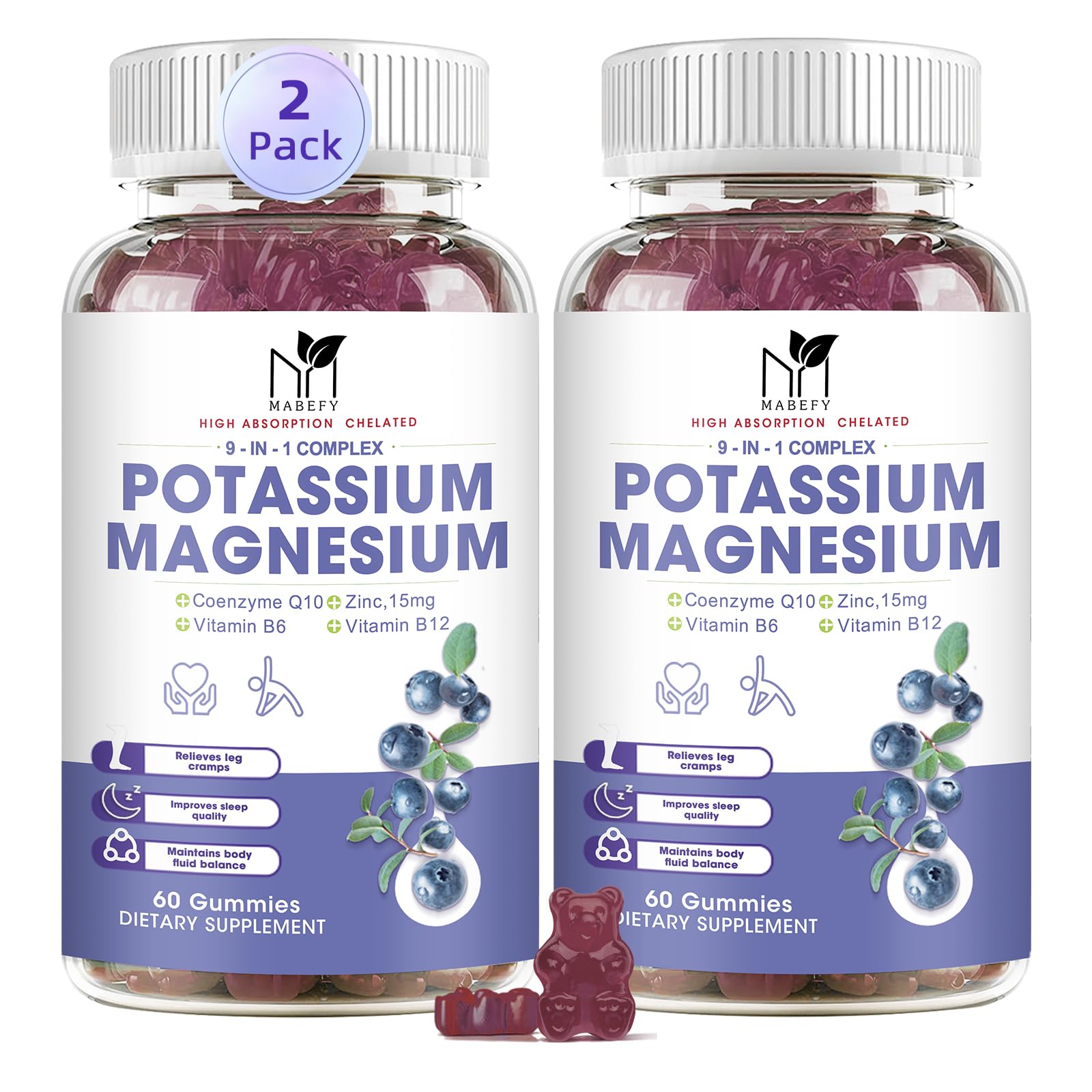 2 Pack Potassium Magnesium Gummies, Sugar-Free Potassium Gummies with Magnesium Glycinate 500mg Chewable Magnesium Potassium Supplements with Calcium, Zinc, Vitamin for Leg Cramps & Muscle