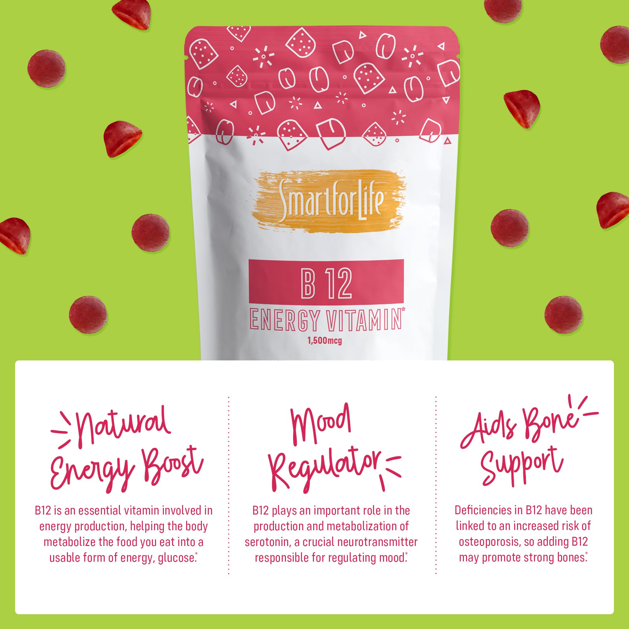 B12 Gummy Vitamins - 1500 mcg Vitamin B12 Gummies for Adults and Kids - Helps with Energy, Metabolism, Bone Nervous System Support - Raspberry Flavor - 60 Count - 60 Day Supply