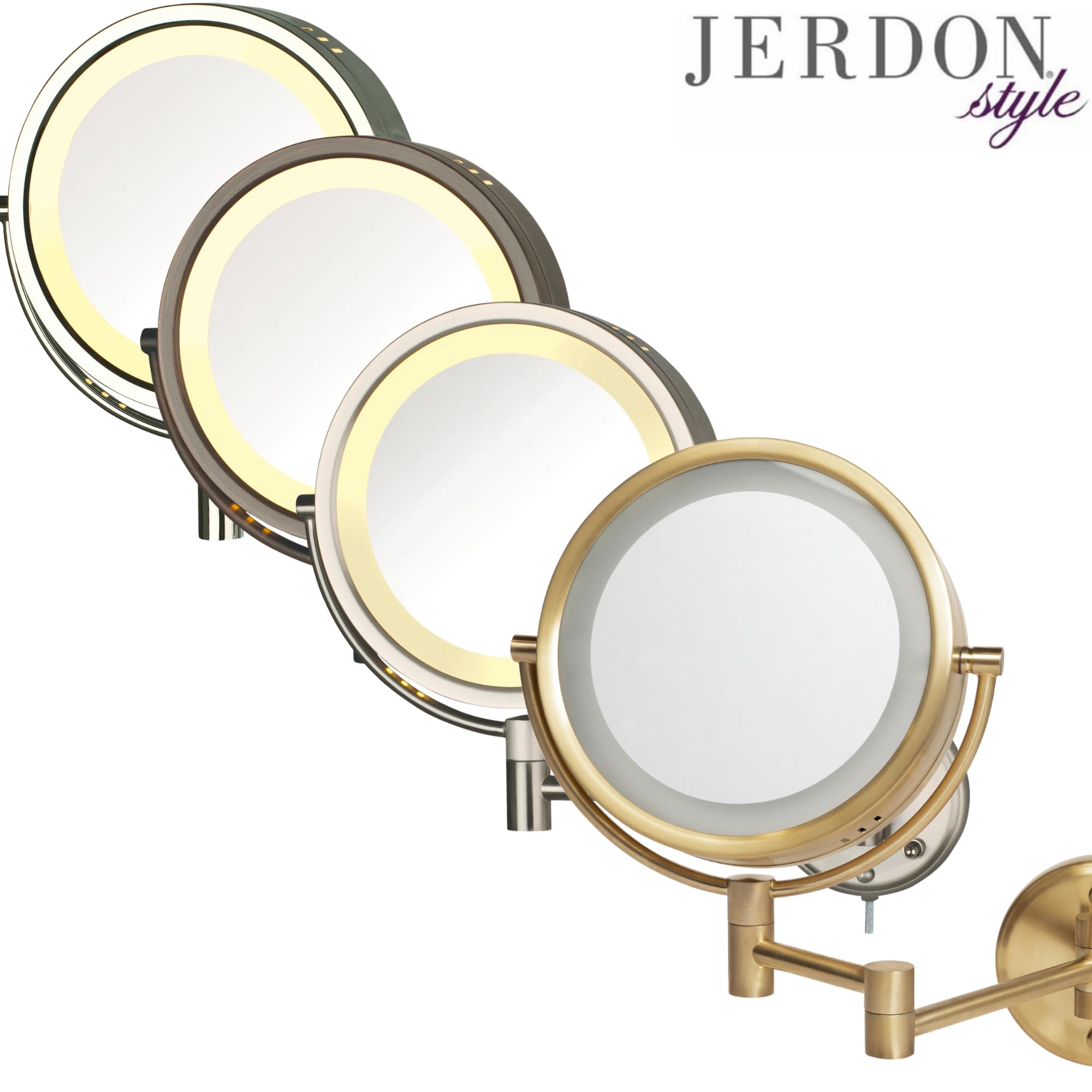 Jerdon Two-Sided Wall-Mounted Makeup Mirror with Lights - Direct Wire Lighted Mirror with 8X Magnification & Wall-Mount Arm - 8.5-inch Diameter Mirror with Chrome Finish Wall Mount - Model HL75CD