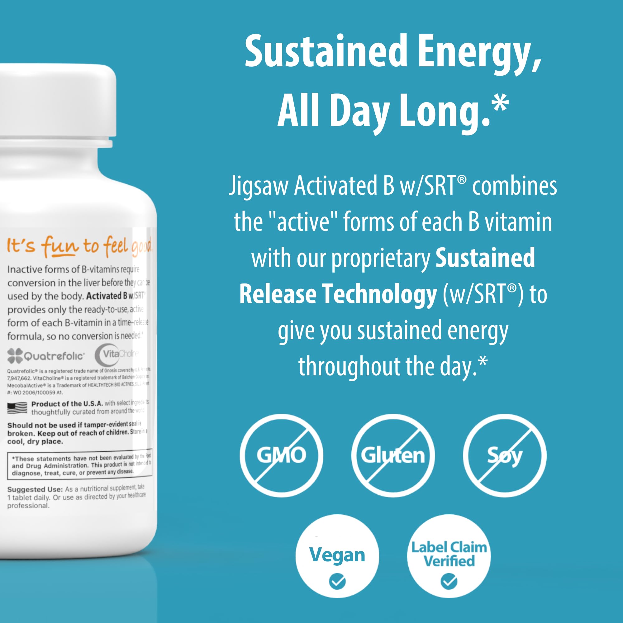 Jigsaw Health Activated B w/SRT | Supports Healthy Nervous System and Energy Production | 120 Tablets