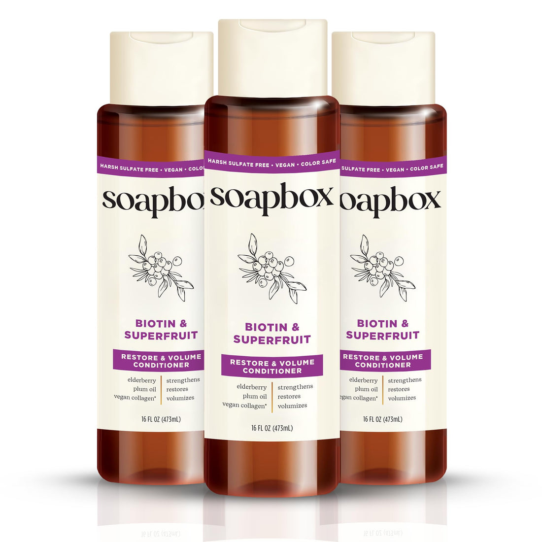 Soapbox Biotin & Superfruit Conditioner, Volumizing, Vegan, Color Safe, Sulfate & Silicone Free Hair Conditioner w/Elderberry and Plum Oil - 16oz, Pack of 3