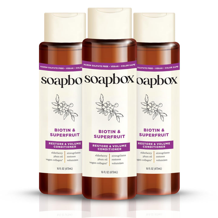 Soapbox Biotin & Superfruit Conditioner, Volumizing, Vegan, Color Safe, Sulfate & Silicone Free Hair Conditioner w/Elderberry and Plum Oil - 16oz, Pack of 3