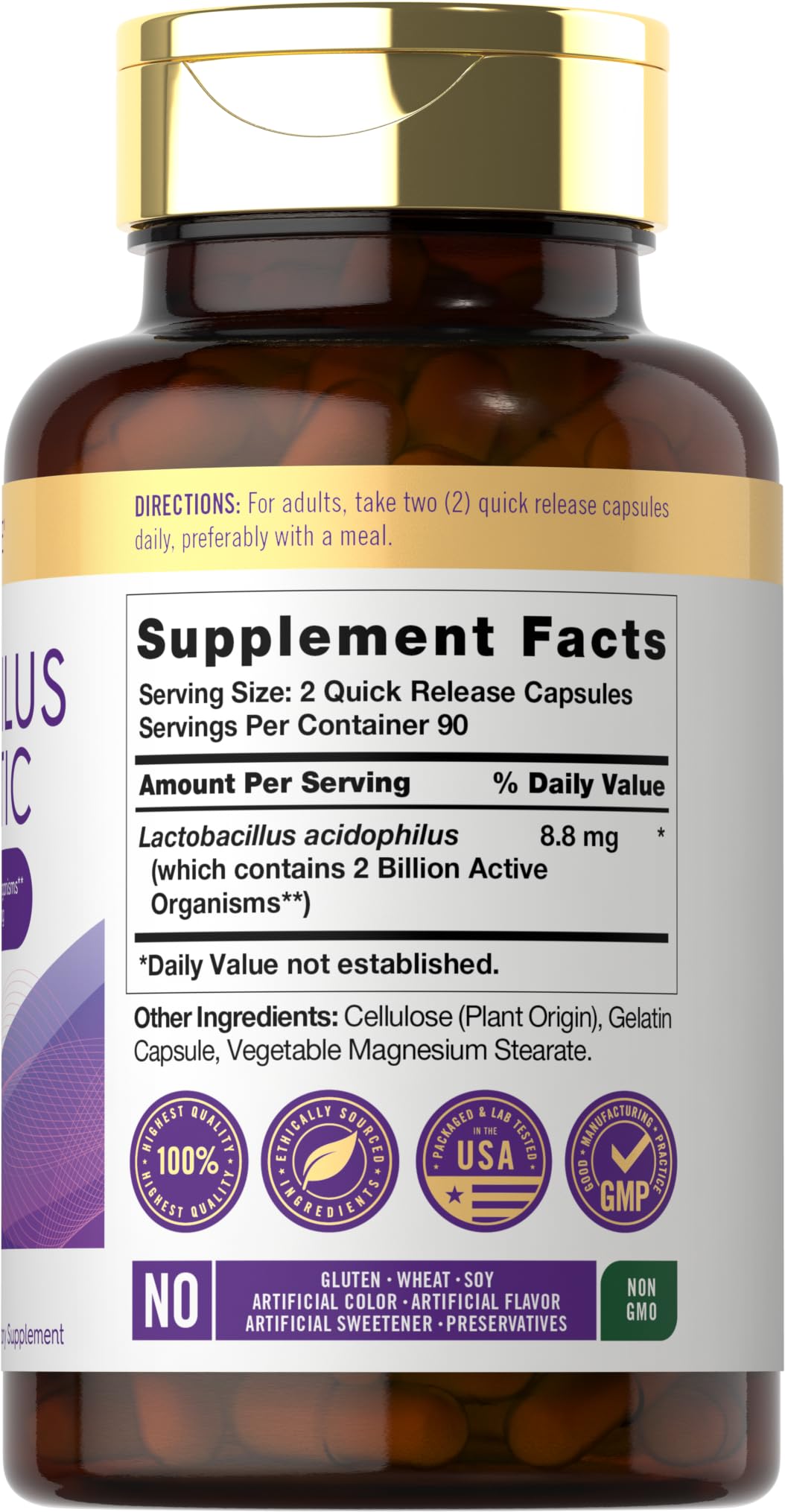Carlyle Acidophilus Probiotic for Women & Men's Digestive Health | 2 Billion CFU | 180 Quick Release Capsules | Non-GMO & Gluten Free